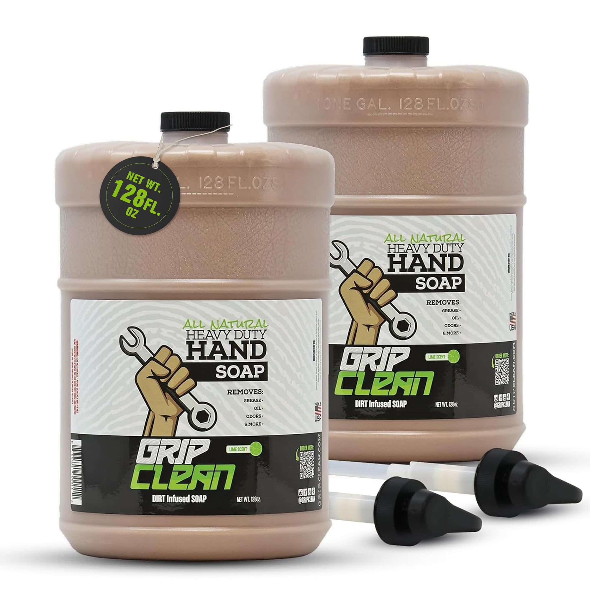 Grip Clean 2-gallon drum front label showing product identity and size, clear branding benefit