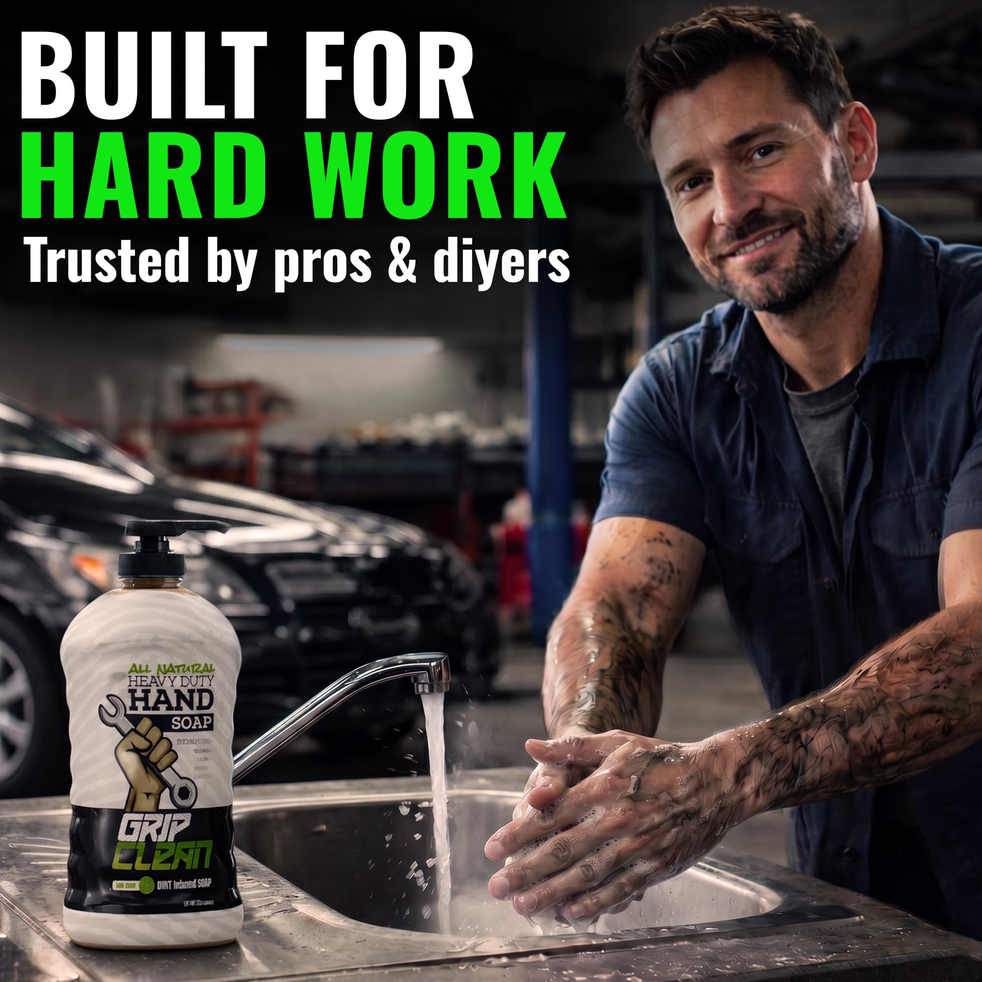 Grip Clean before and after hands comparison showing cleaner results and softer skin