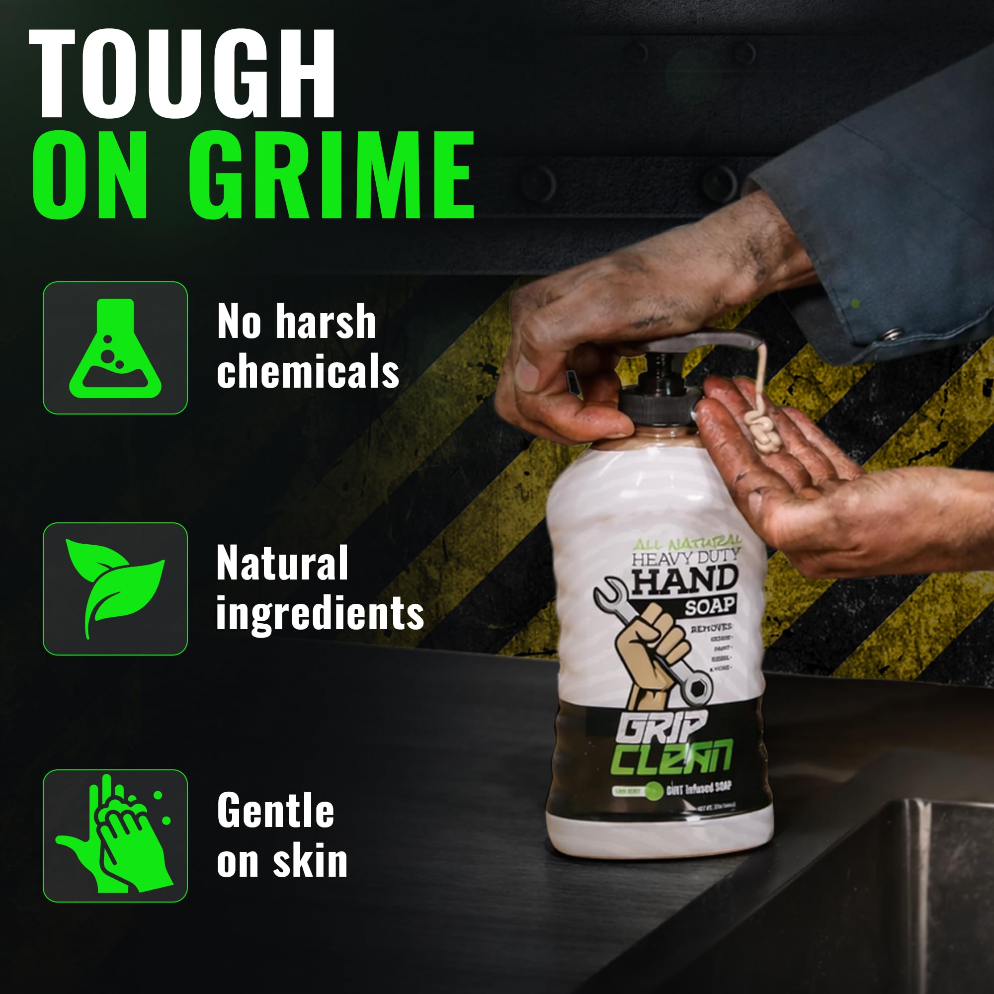 Grip Clean bottle beside mechanic tools showing workshop-ready convenience and capacity