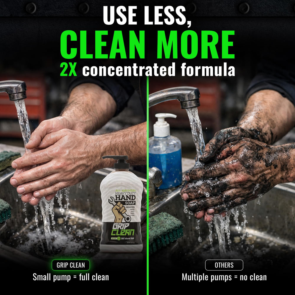 Grip Clean applied to hands in a garage demonstrating grease removal effectiveness