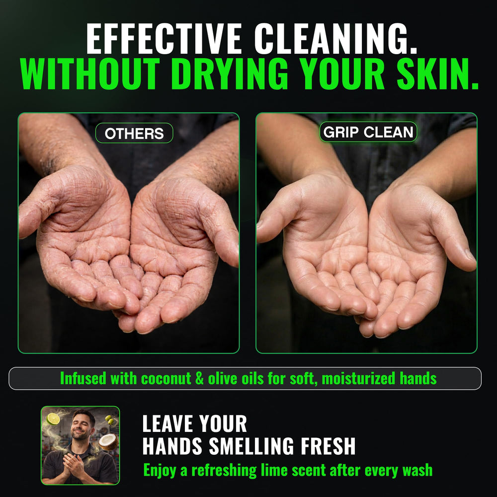 Mechanic using Grip Clean in garage showing deep-cleaning action and shop suitability