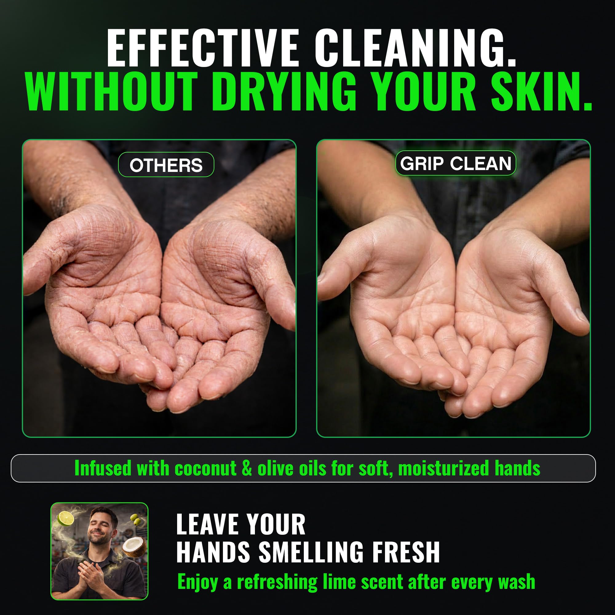 Grip Clean label ingredients detail highlighting clay and nourishing oils