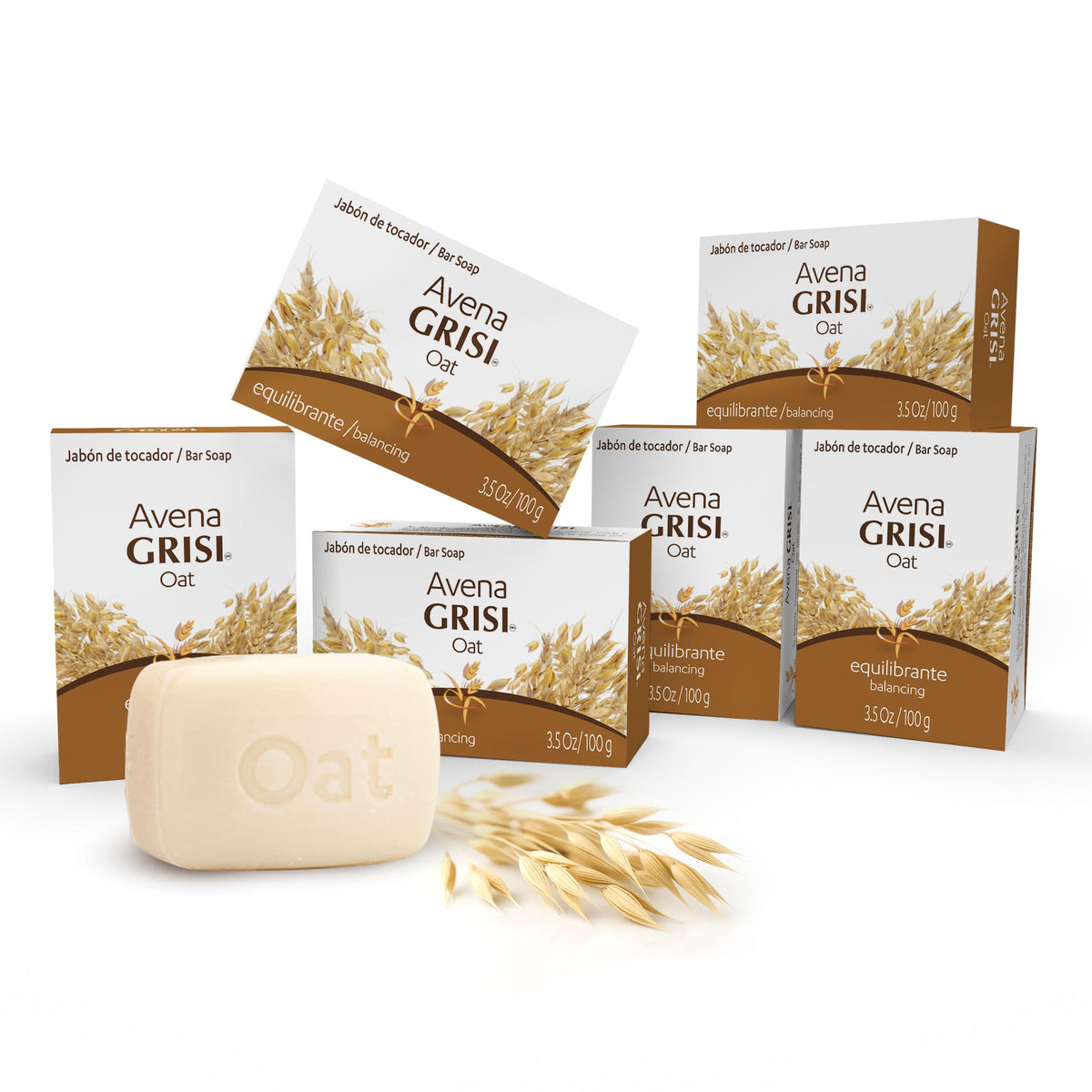 Grisi front packaging showing six oat soap bars and clear branding, promotes value