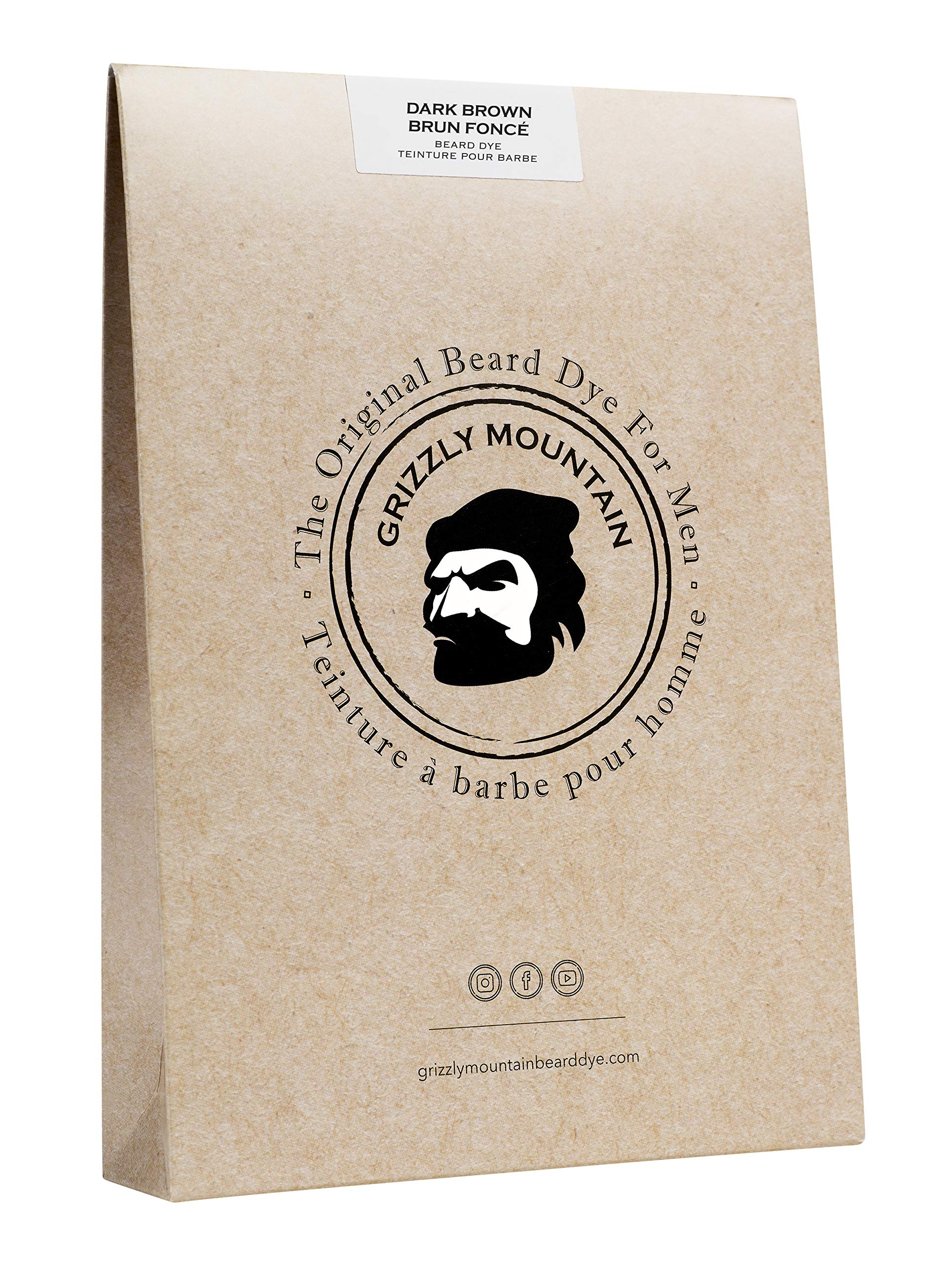 Grizzly Mountain packaging front showing organic dark brown beard dye and kit benefits