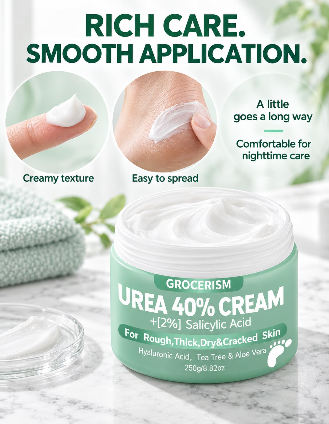 Grocerism on hands demonstrating quick absorption and immediate, comfortable hydration