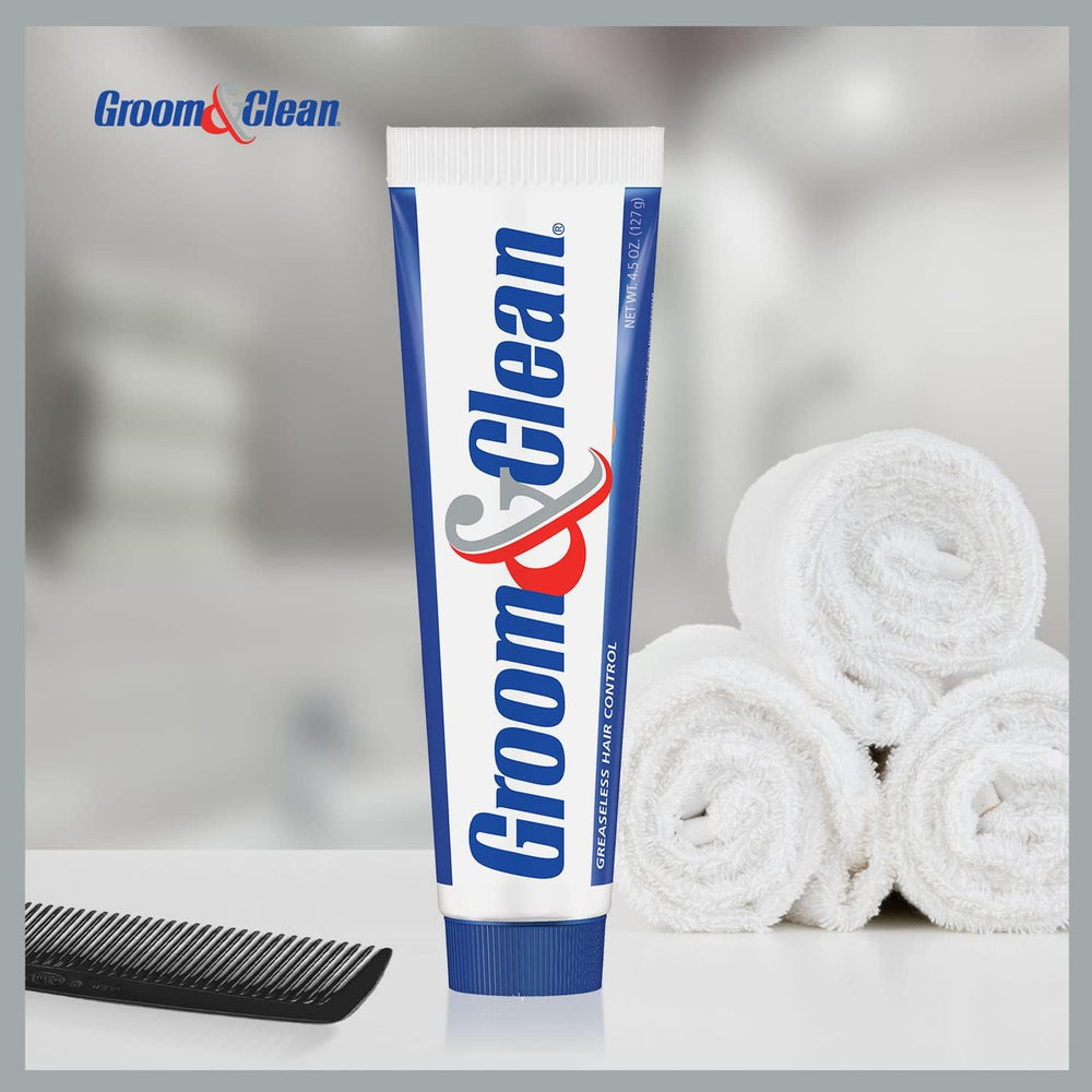 Groom & Clean texture close-up on fingertip showing greaseless creamy formula