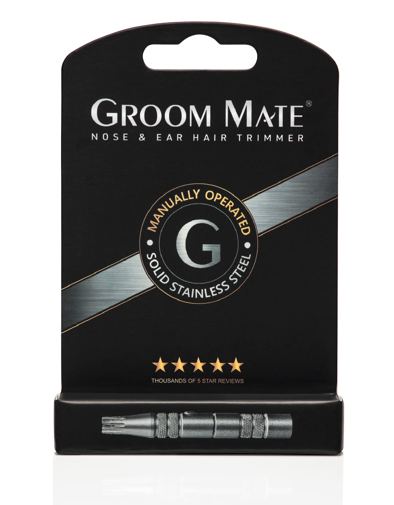 Groom Mate trimmer held in hand to show scale and easy manual control advantage
