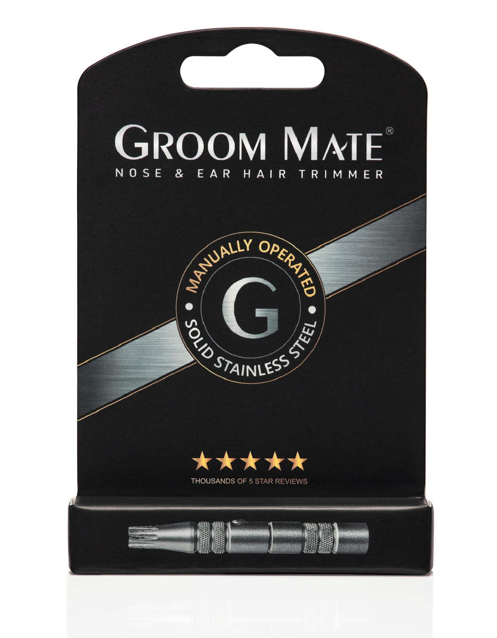 Groom Mate trimmer held in hand to show scale and easy manual control advantage