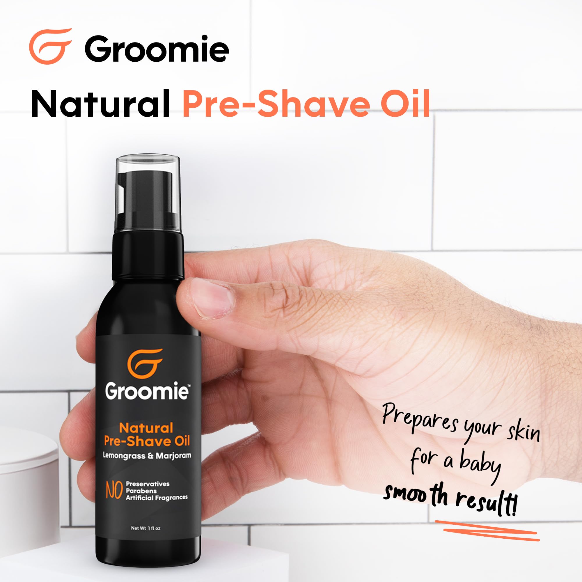 Groomie close-up of oil dropper showing silky texture for smooth glide