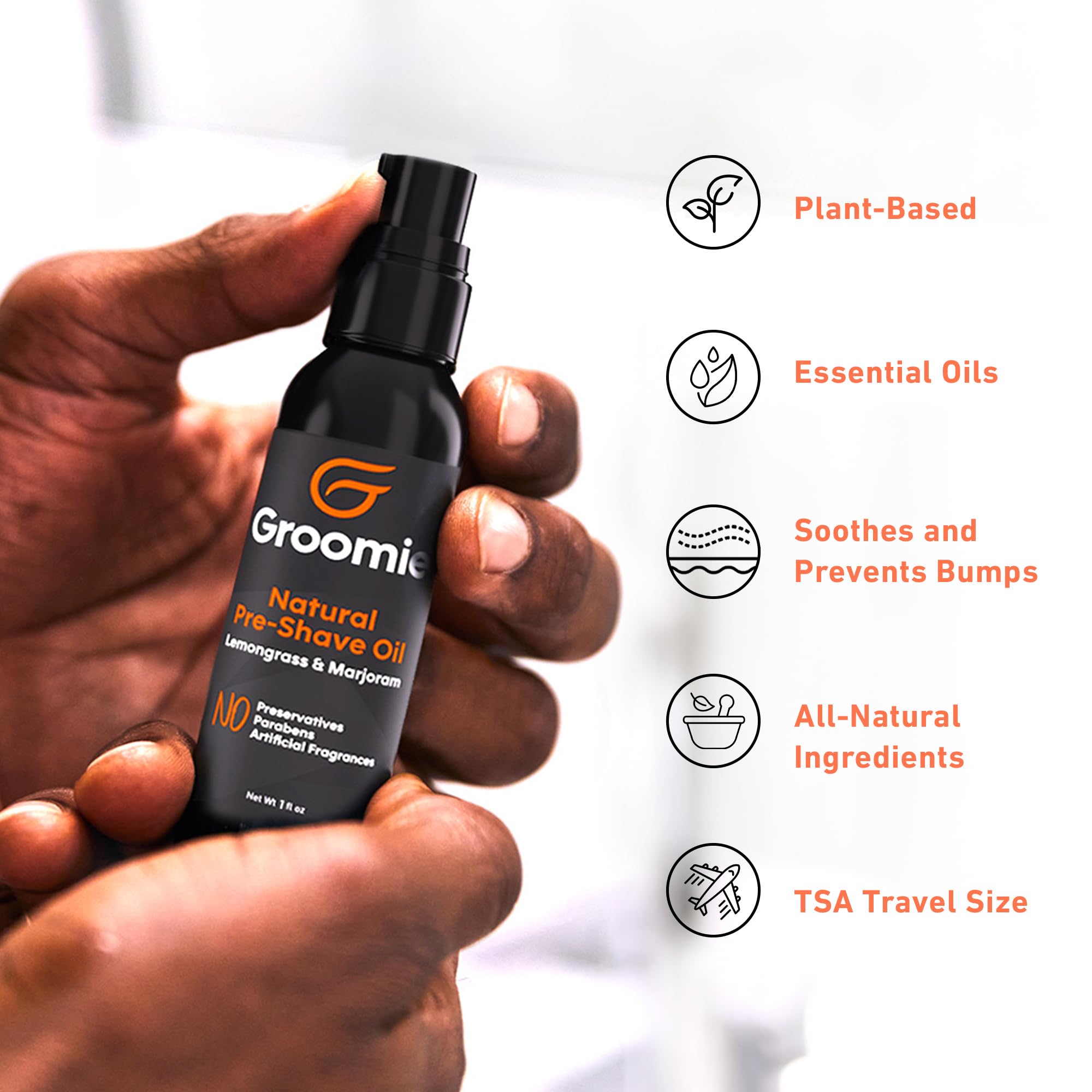 Groomie label detail with ingredients list emphasizing natural botanicals