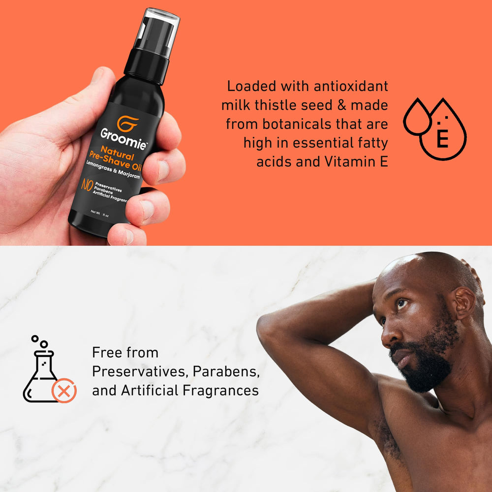 Groomie bottle beside travel kit highlighting TSA-friendly 1 fl oz