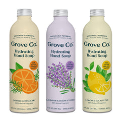 Grove Co. front pack shot showing three refill cans and scent variety benefits