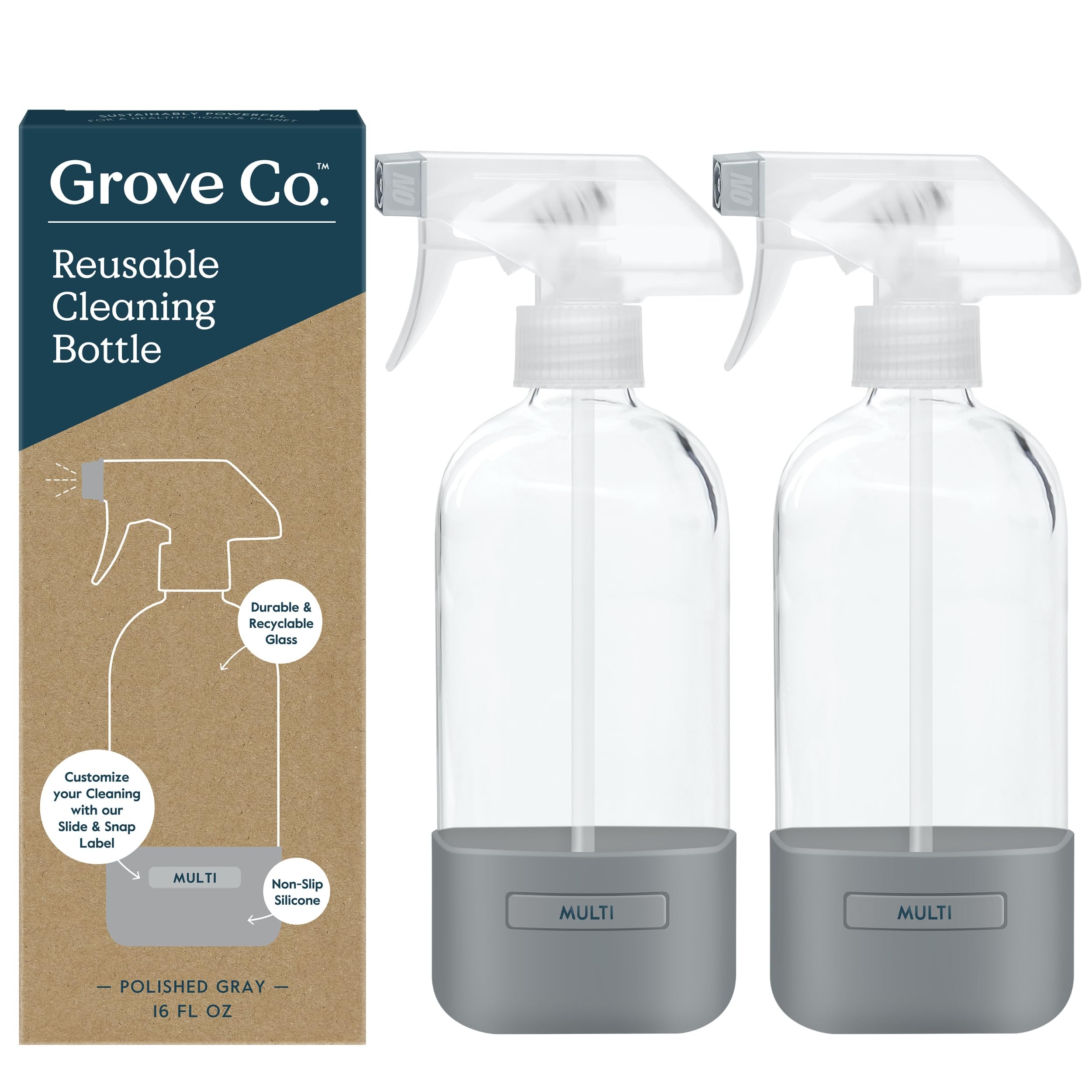 Grove Co. front view of two 16 oz glass spray bottles showing design and labels