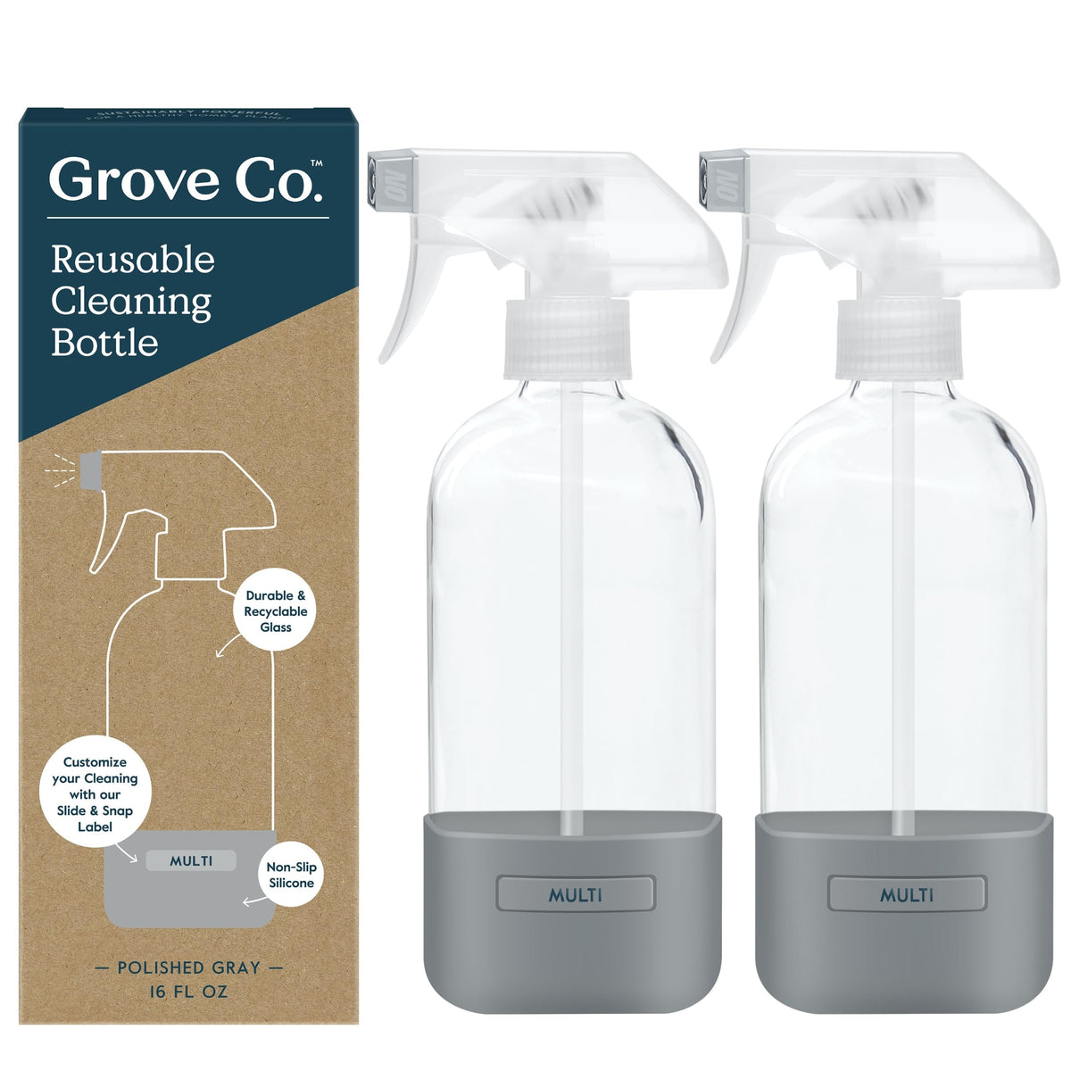 Grove Co. front view of two 16 oz glass spray bottles showing design and labels