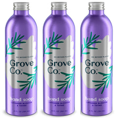 Grove Co. front packaging showing three lavender blossom and thyme refills, eco benefit
