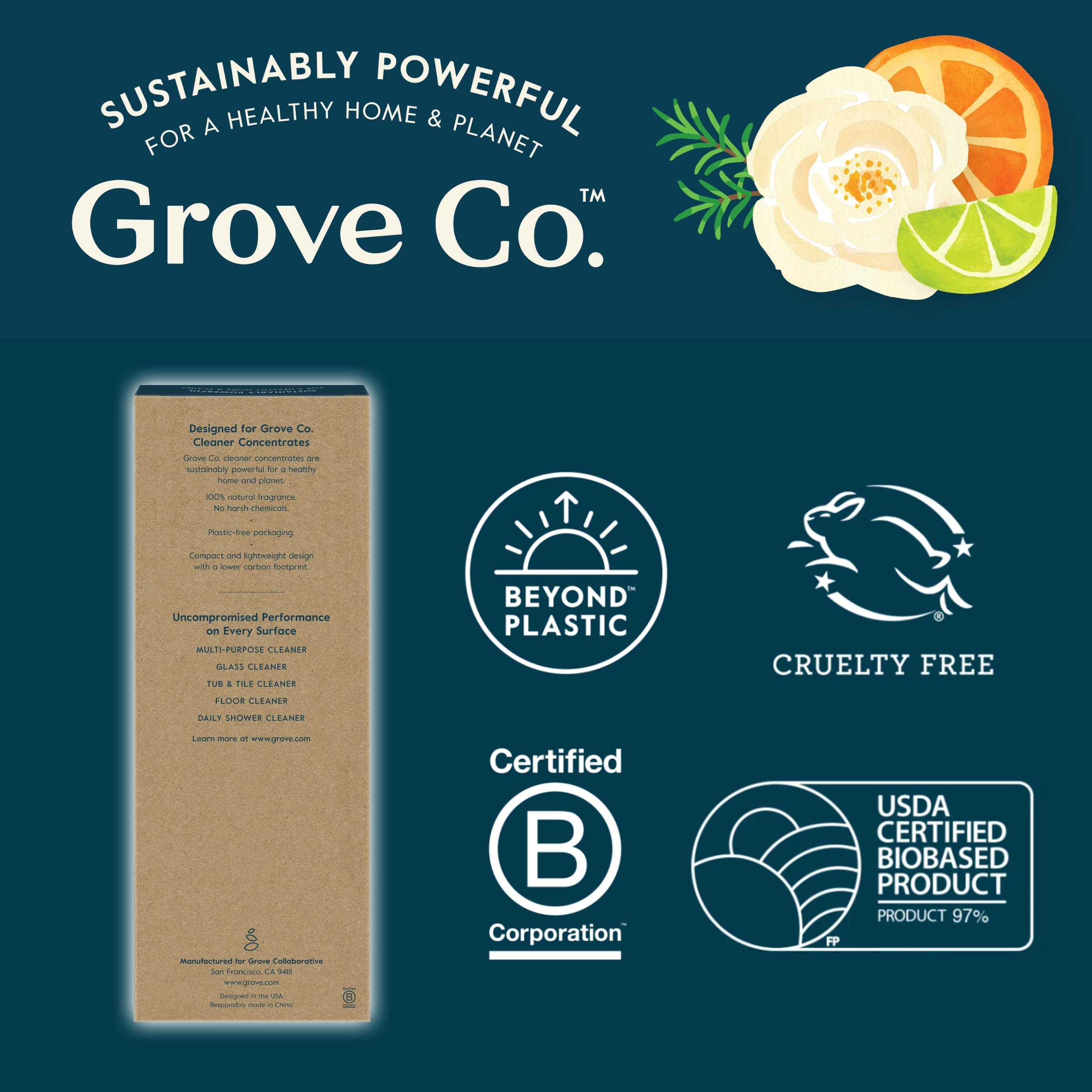 Grove Co. bottles on shelf in a kitchen setting showing organized low-waste cleaning
