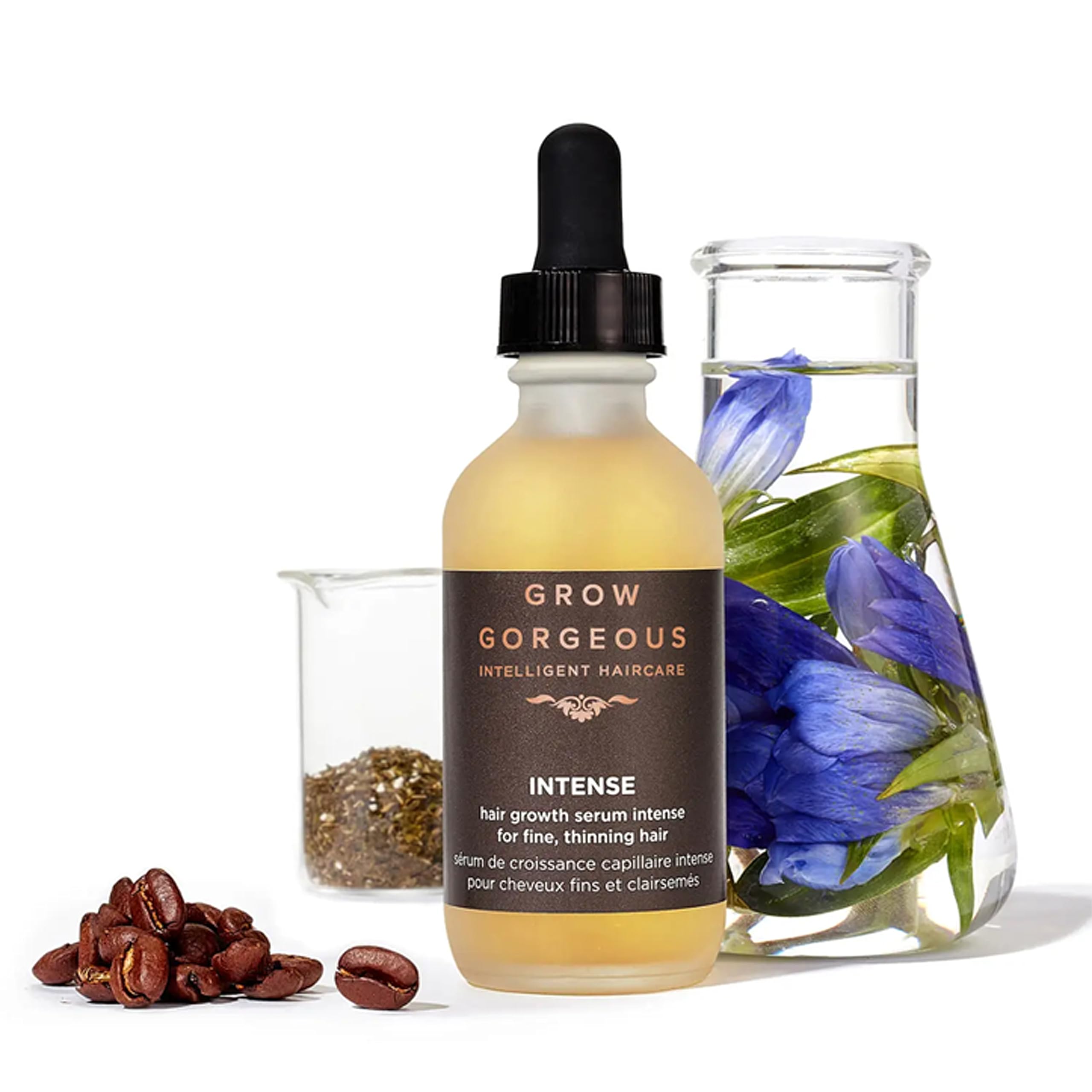 Grow Gorgeous key botanical ingredients flatlay showing natural extract benefits