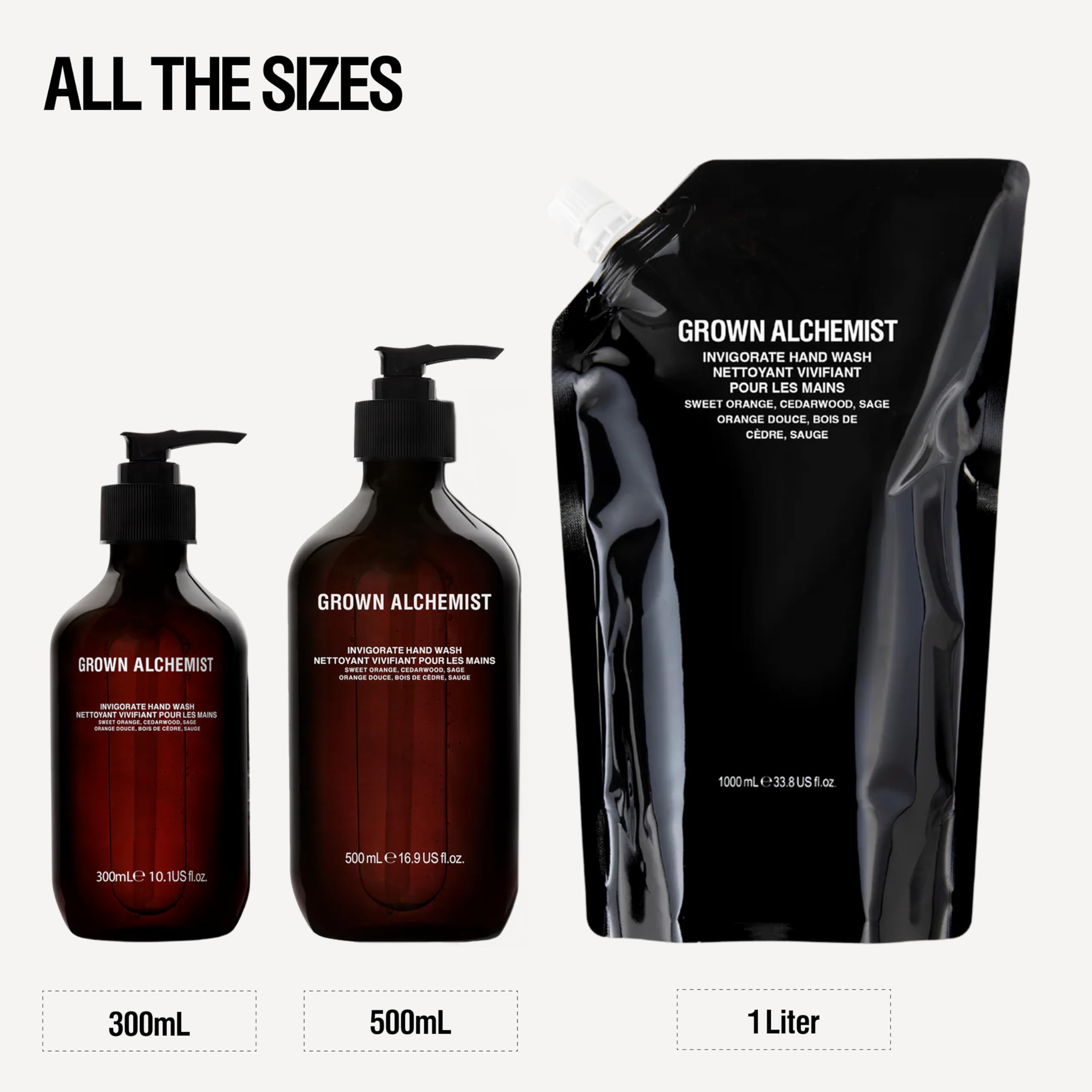Grown Alchemist bottle next to hand showing 300mL scale and practical size benefit