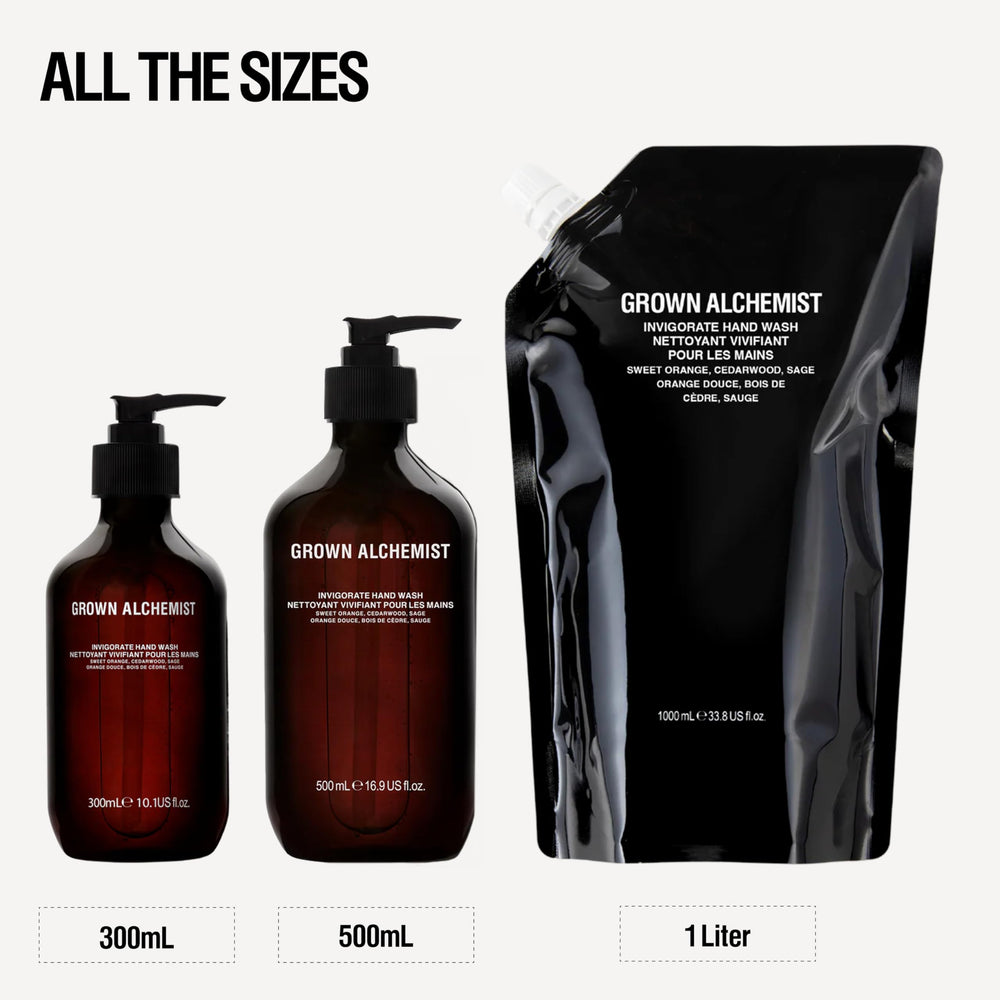 Grown Alchemist bottle next to hand showing 300mL scale and practical size benefit