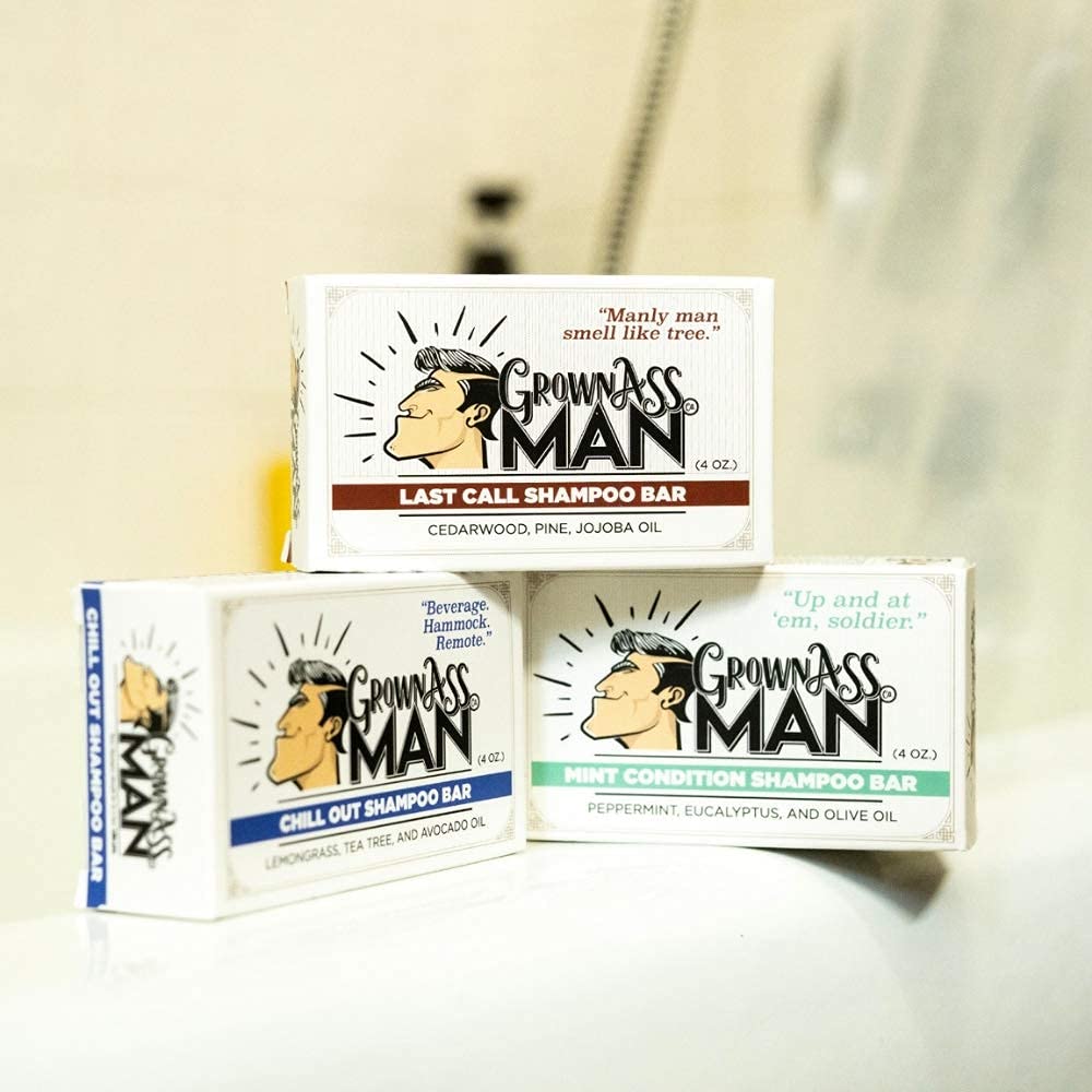 Man washing beard with Grown Ass Man Co. bar showing softer conditioned facial hair