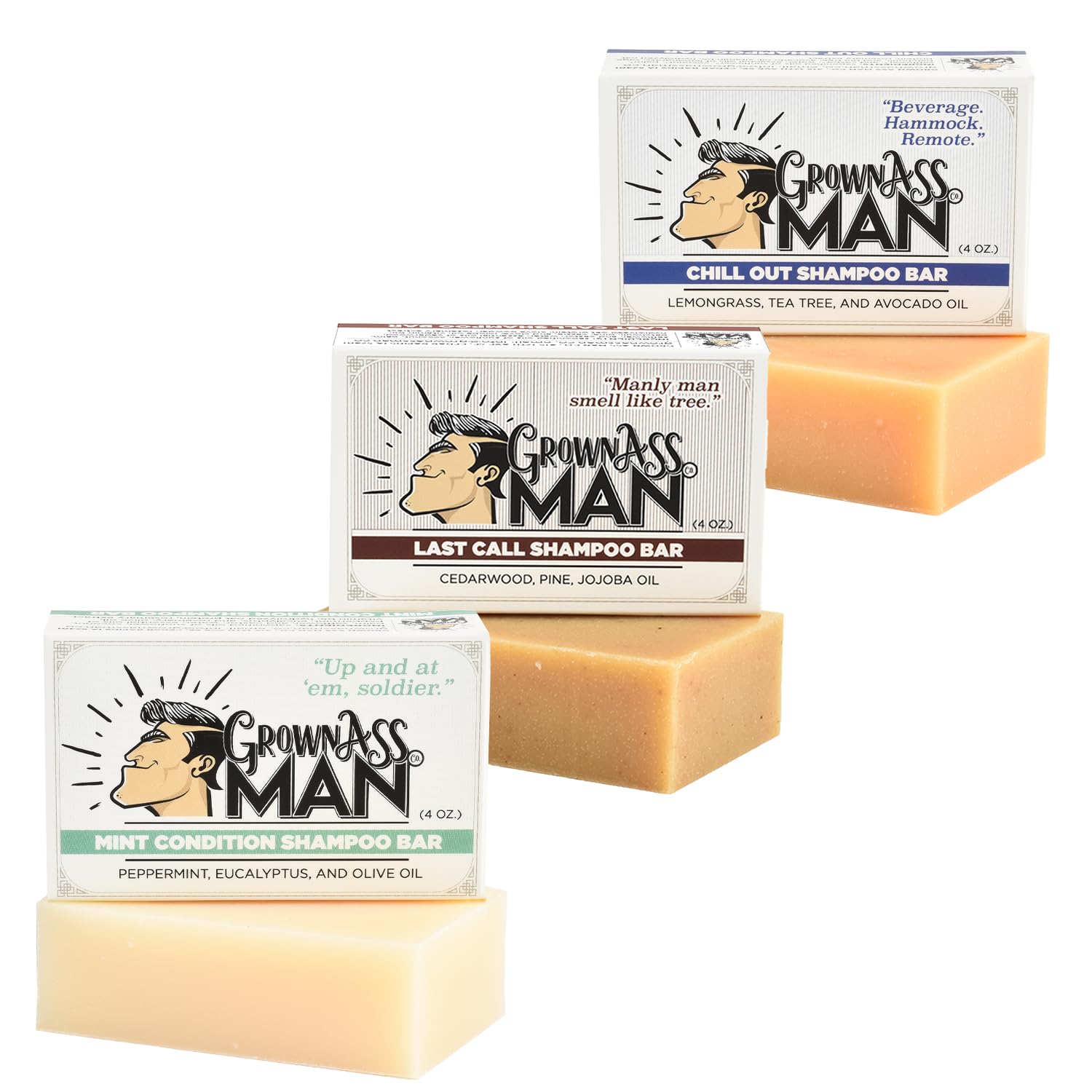 Grown Ass Man Co. front packaging showing eco-friendly 4oz shampoo bar benefits