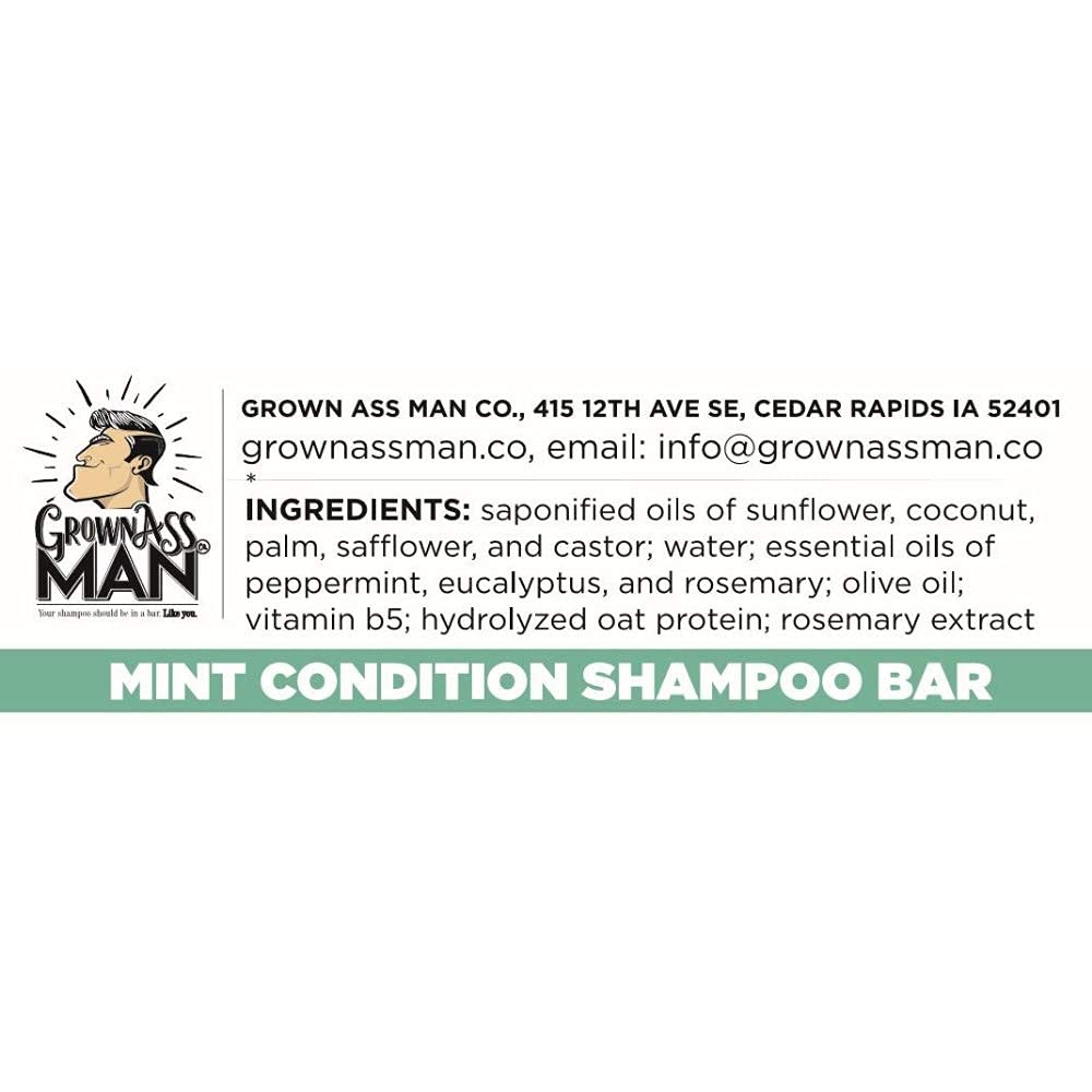 Label close-up on Grown Ass Man Co. bar showing organic base oils and ingredients