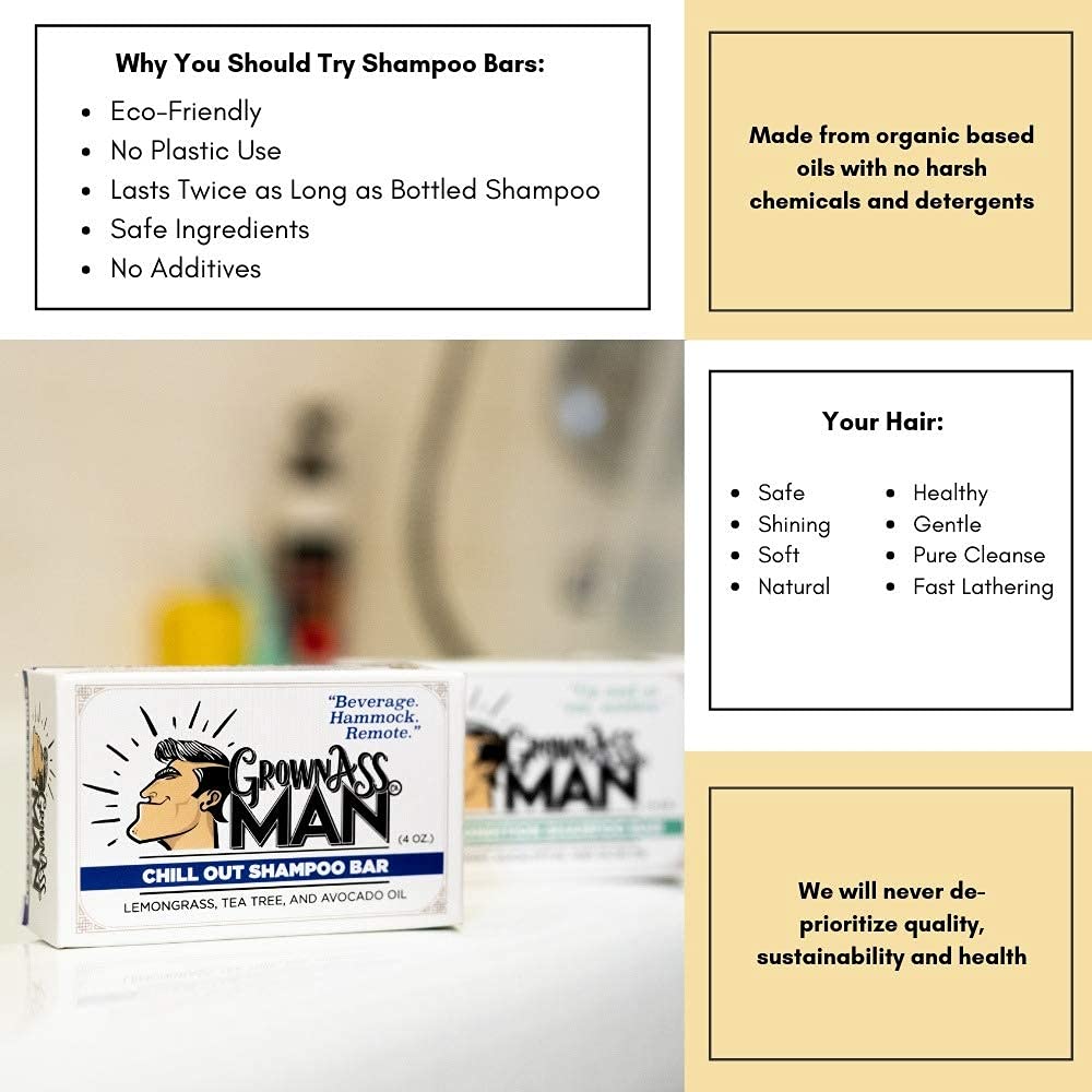4oz Grown Ass Man Co. bar next to a liquid shampoo bottle to show compact size