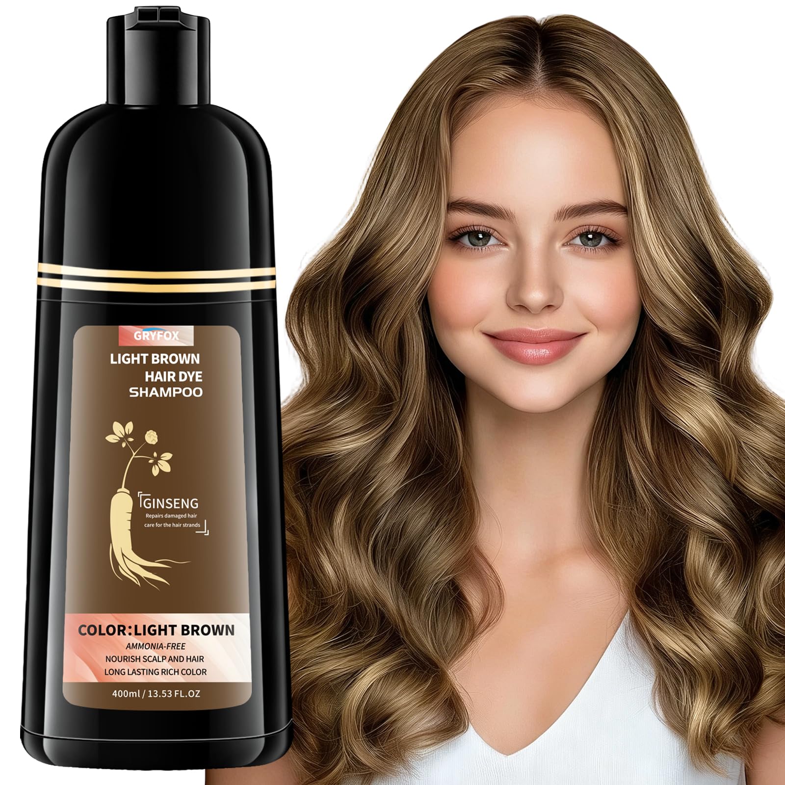 GRYFOX front packaging of light brown dye shampoo showing bottle and benefits