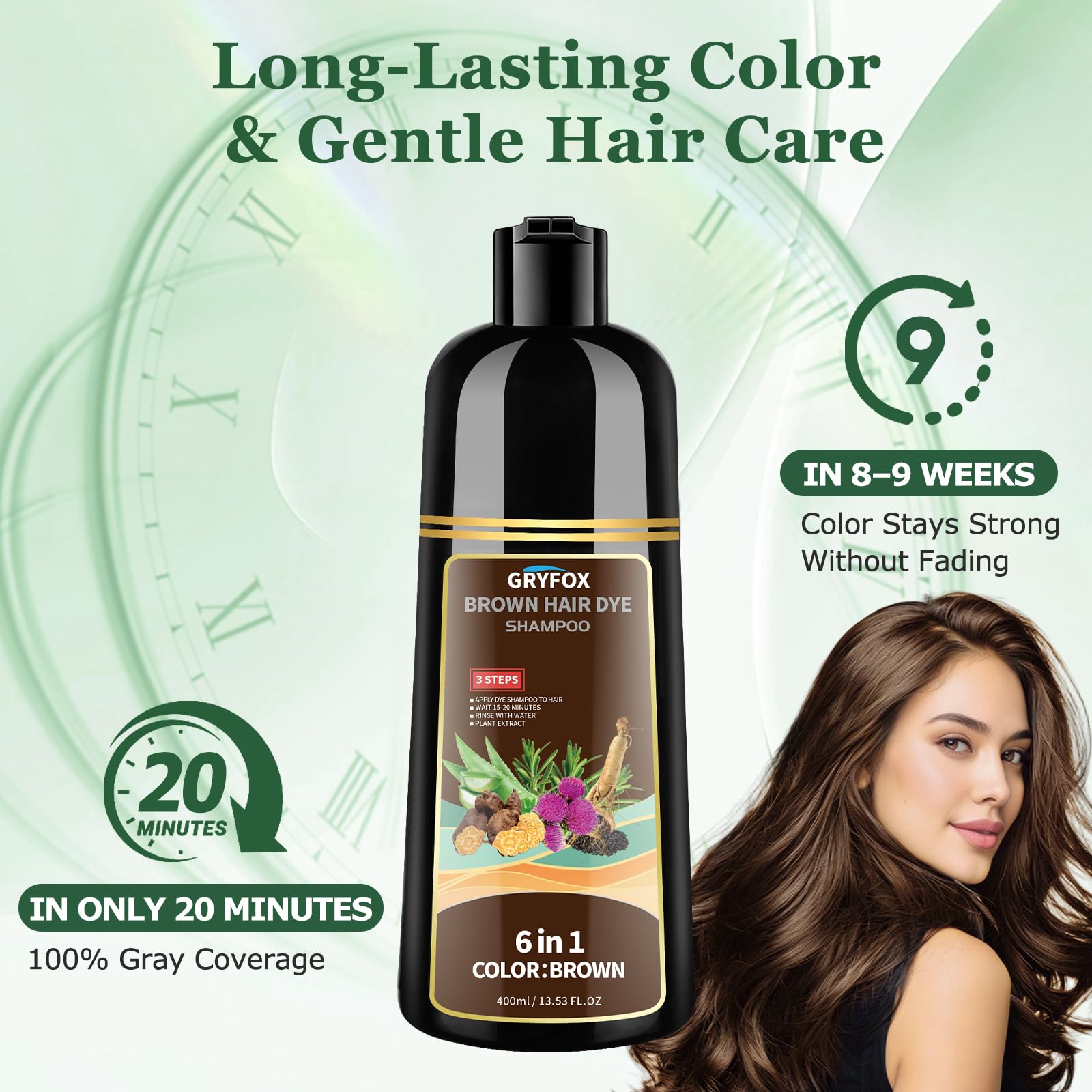 GRYFOX model with shiny brown hair showing nourished finish