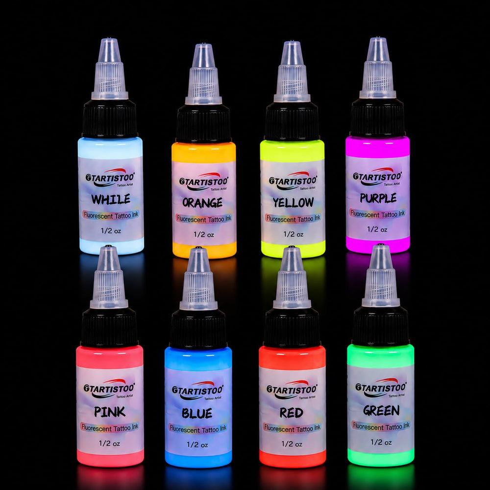 GTARTISTOO front packaging showing eight fluorescent bottles and benefits