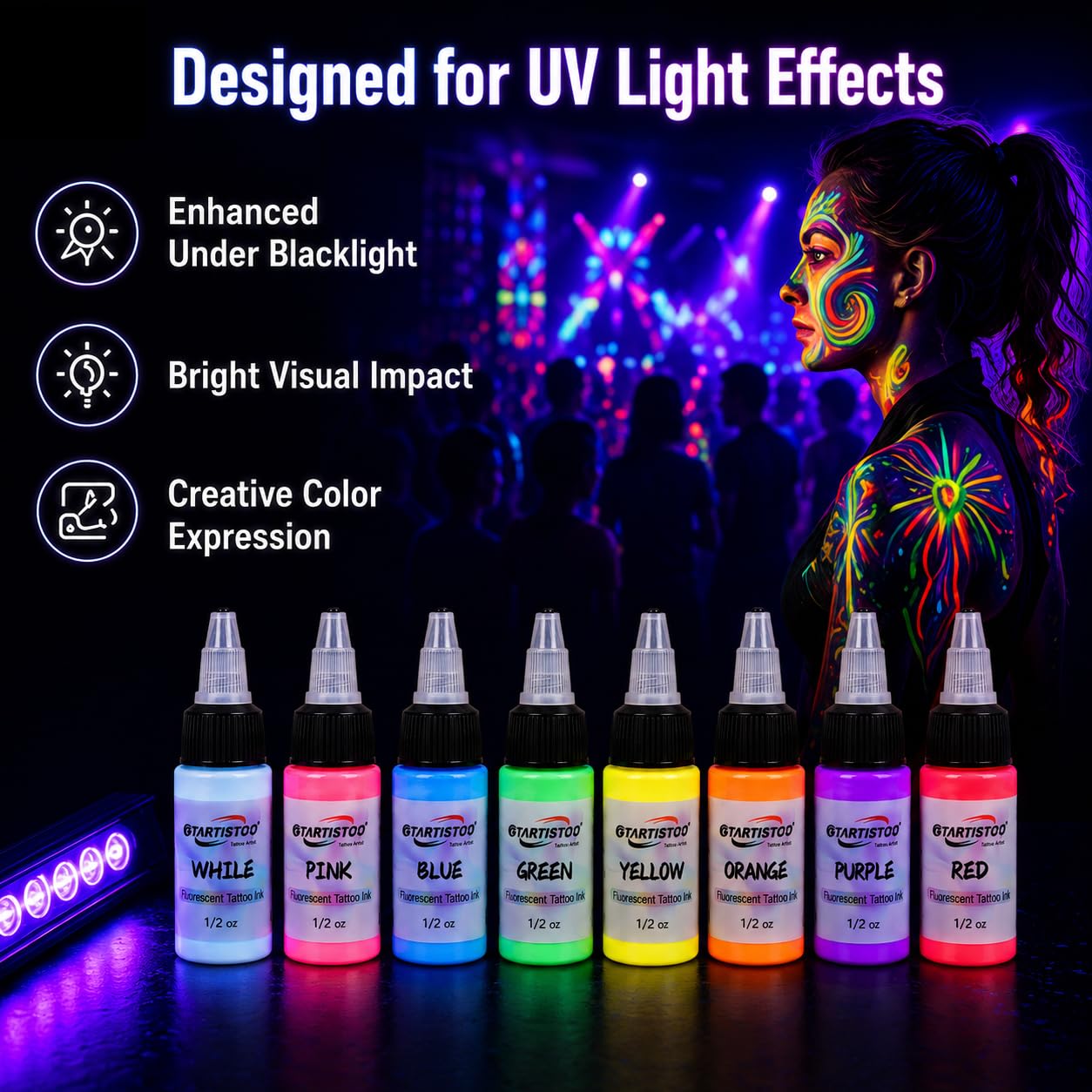 GTARTISTOO tattoo in a club setting showing UV-reactive effect for visibility
