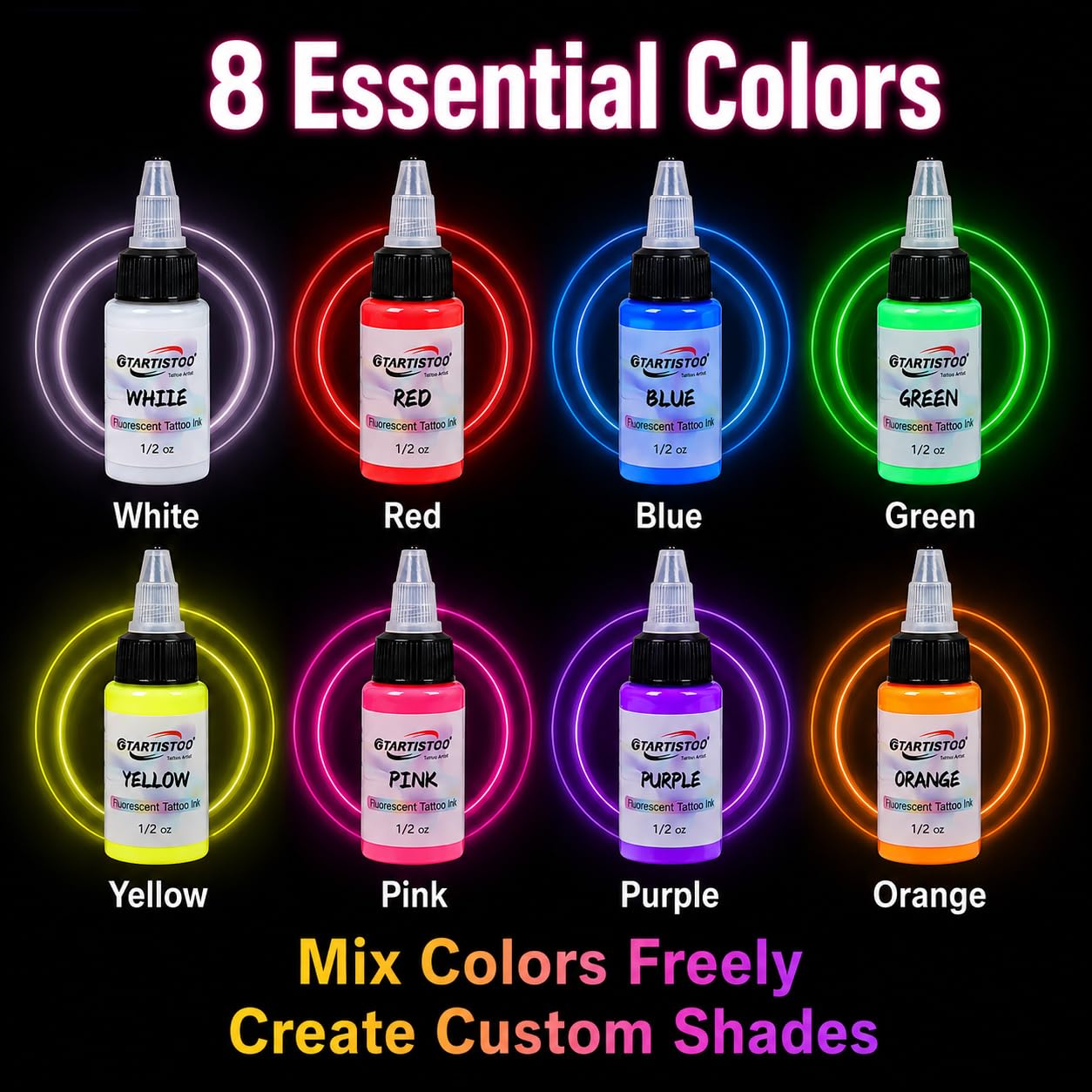 GTARTISTOO color swatches under UV light showing bright fluorescent glow