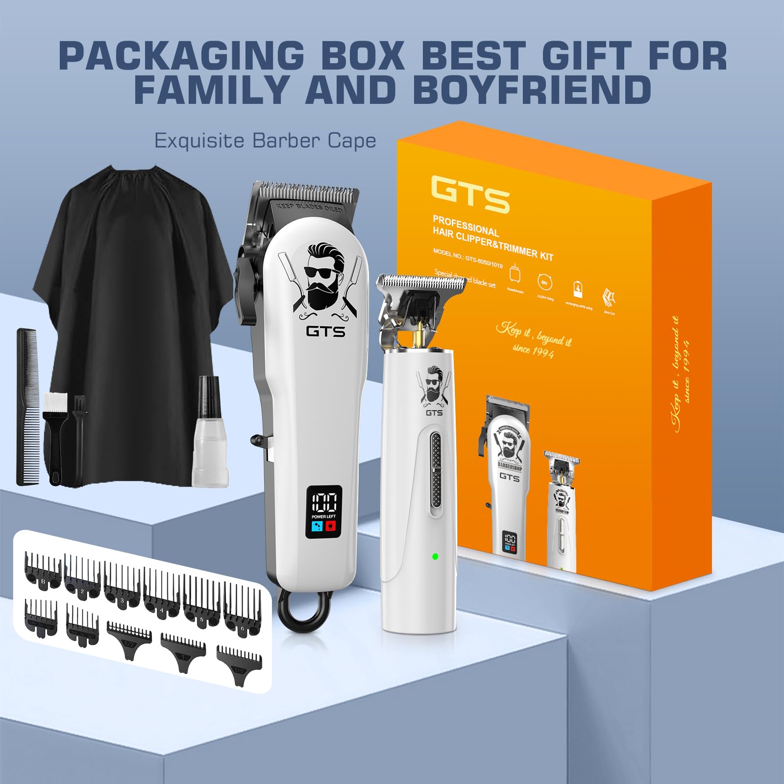 GTS PRO all accessories laid out including guards, cape, combs, brushes and USB cables