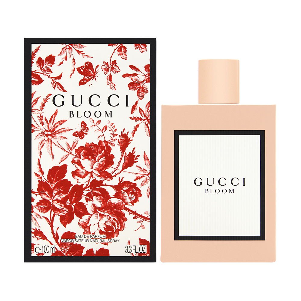 Gucci Bloom bottle front showing brand and elegant packaging benefit: attractive gift display