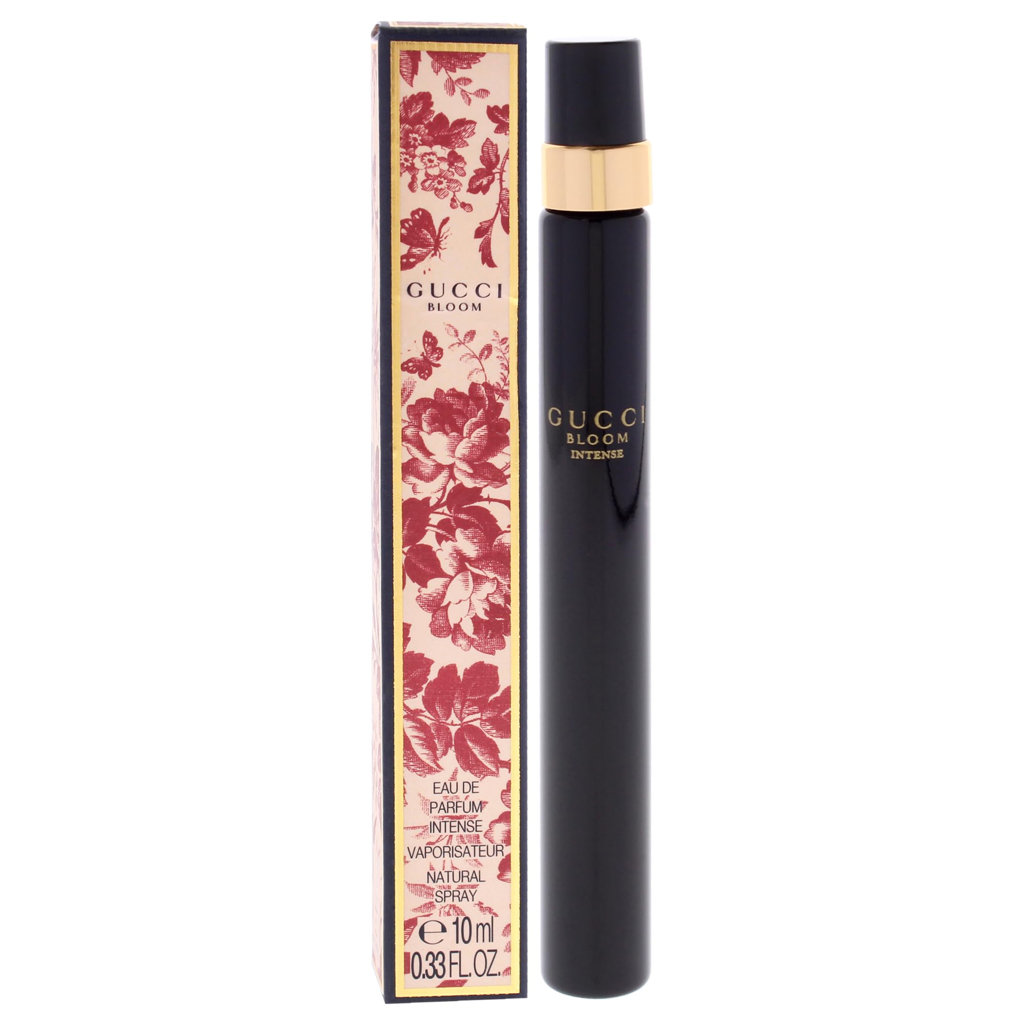 Gucci Bloom Intense mini bottle next to keys showing compact 10 ml scale convenience