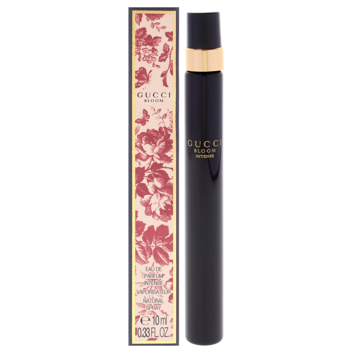 Gucci Bloom Intense front bottle view showing elegant travel-ready design and luxury