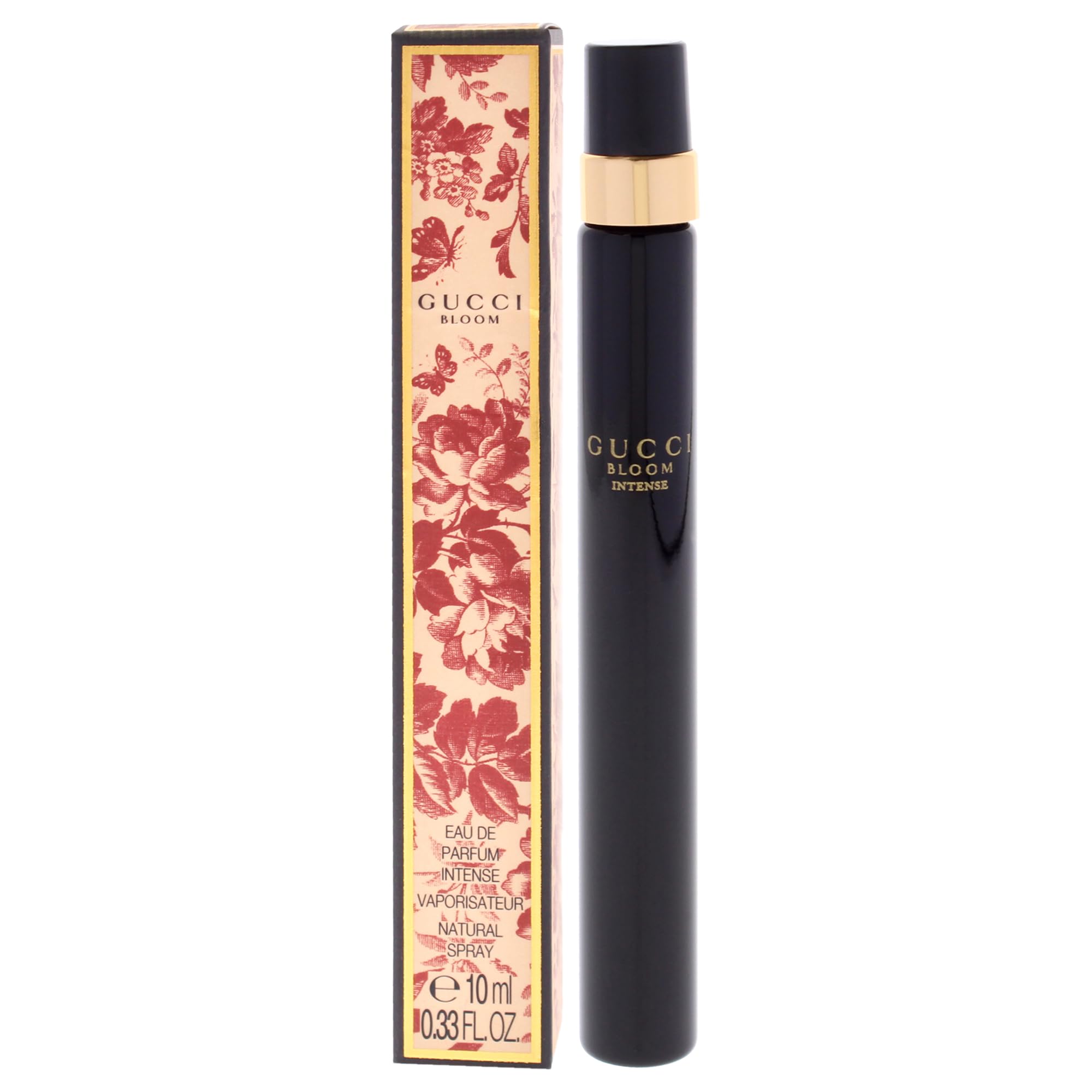 Gucci Bloom Intense label close-up showing brand text and premium packaging finish