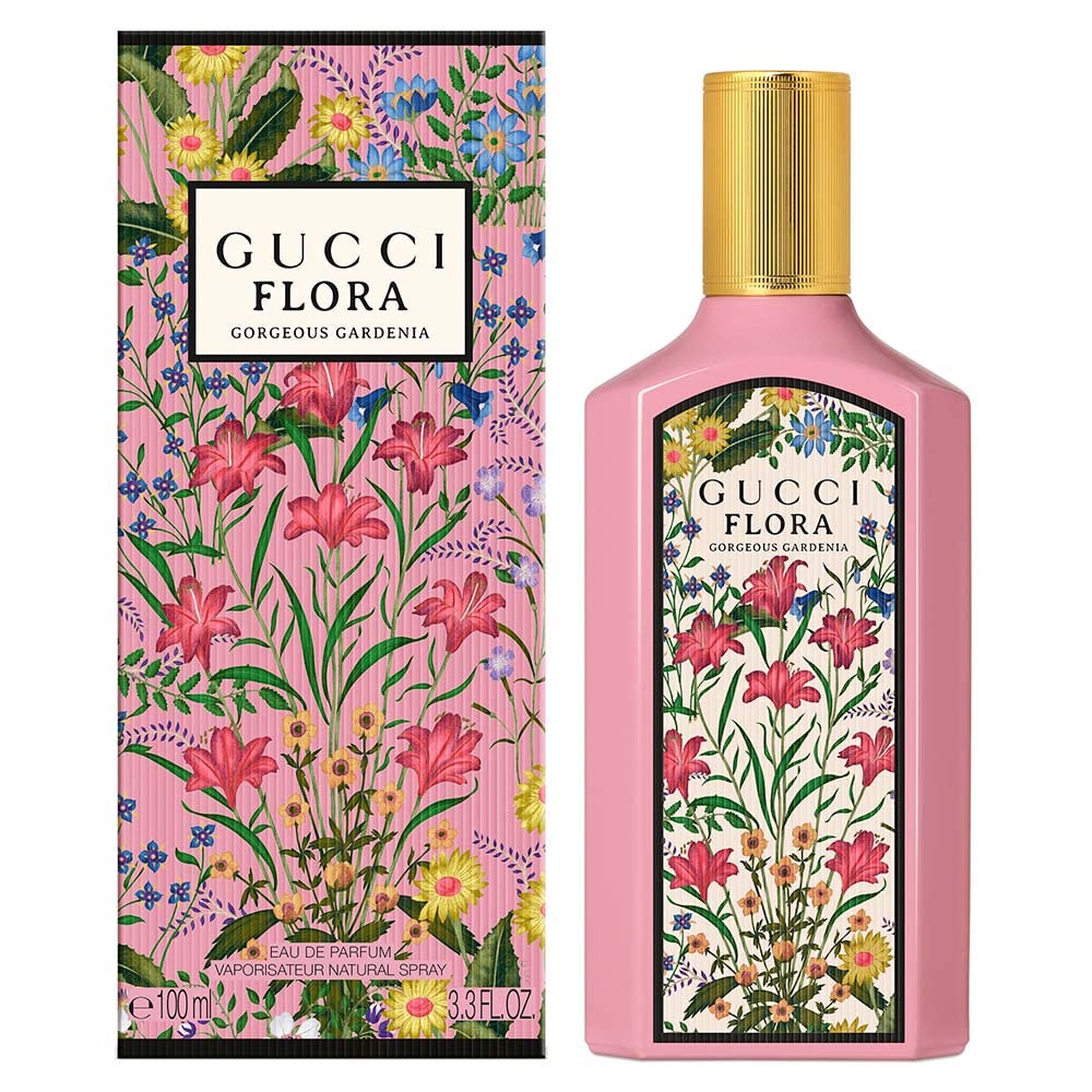 Gucci Flora floral illustration close-up, emphasizes gardenia and pear blossom notes