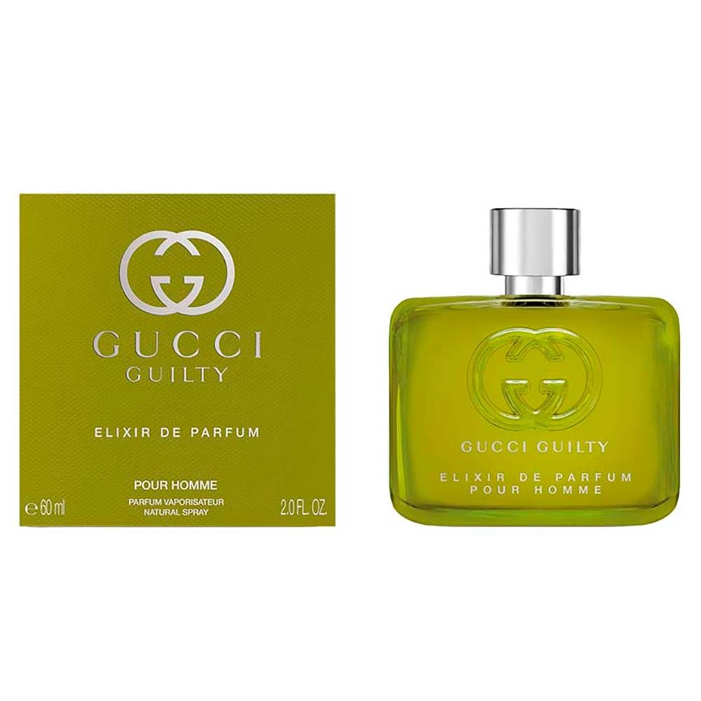 Gucci Guilty close-up of textured glass bottle, brand detail enhances presentation