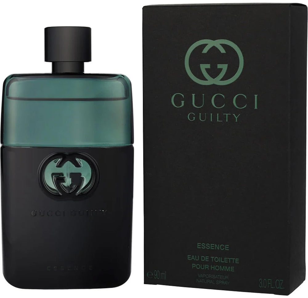 Gucci Guilty Essence men spray in use on wrist demonstrating application benefit