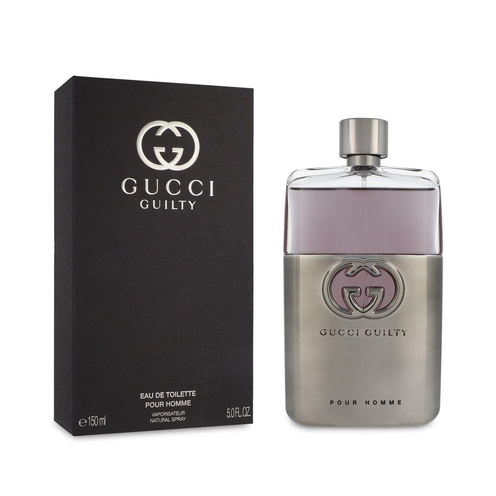 Gucci bottle front view showing Gucci Guilty label and elegant design benefit of clear branding