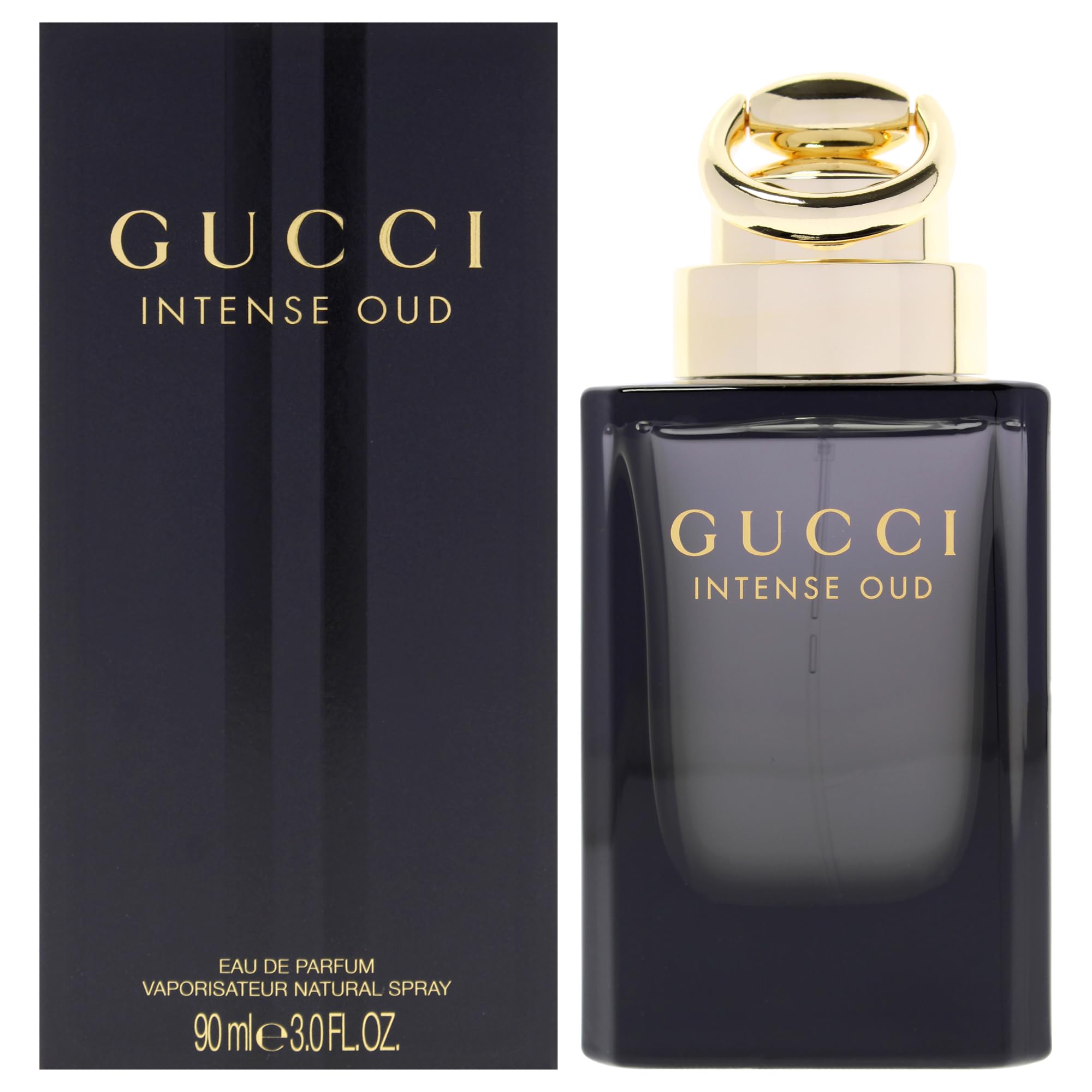 Gucci Intense Oud front packaging showing bottle and box, conveys luxury