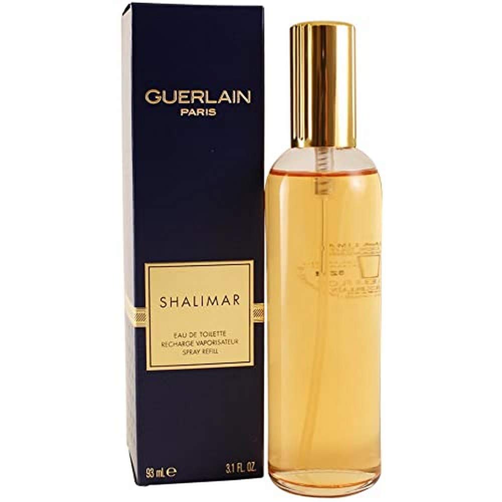 Guerlain Shalimar refill front packaging showing bottle and size benefits