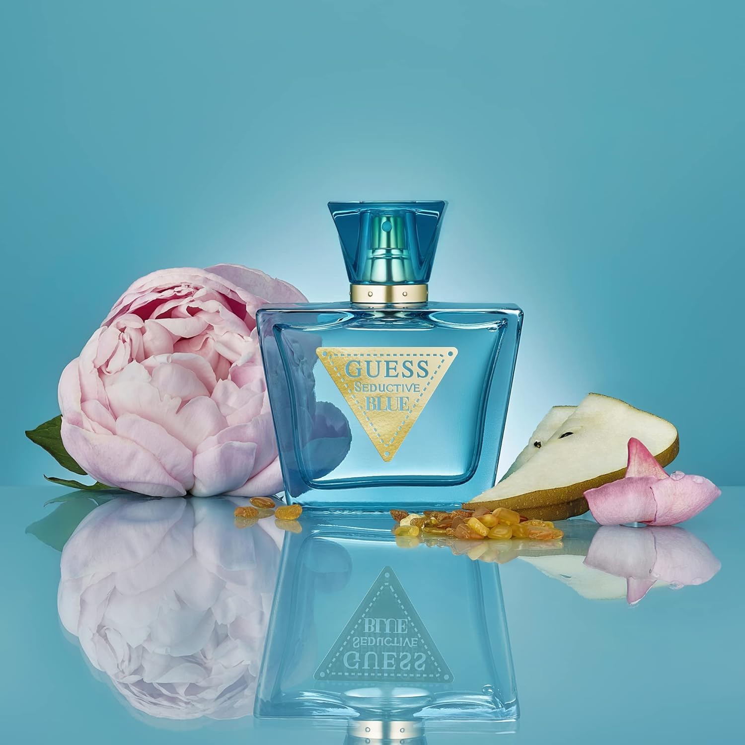 GUESS Seductive set styled as a gift on vanity, GUESS chic presentation for occasions