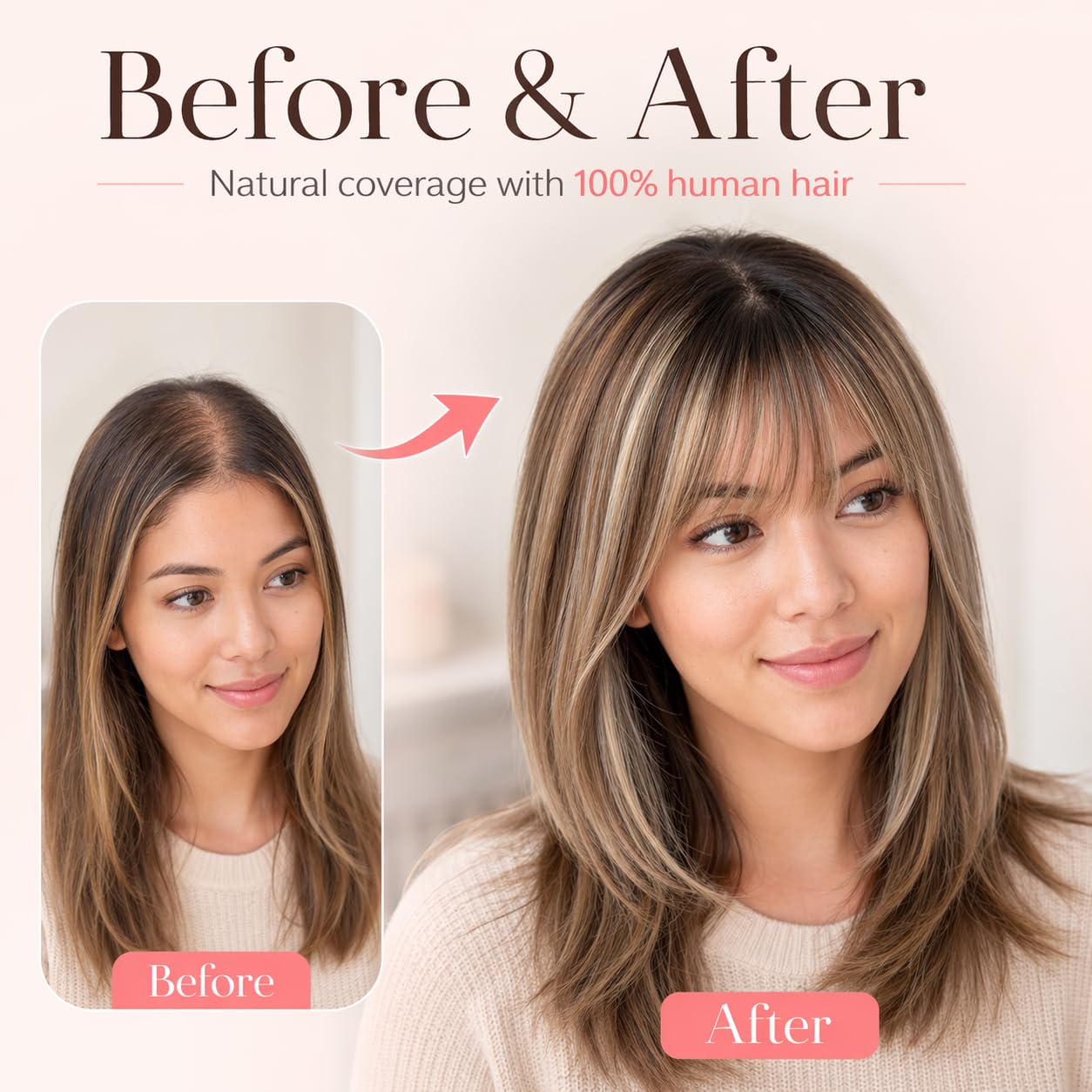 GULALUUK topper worn with bangs demonstrating natural blend and confidence benefit