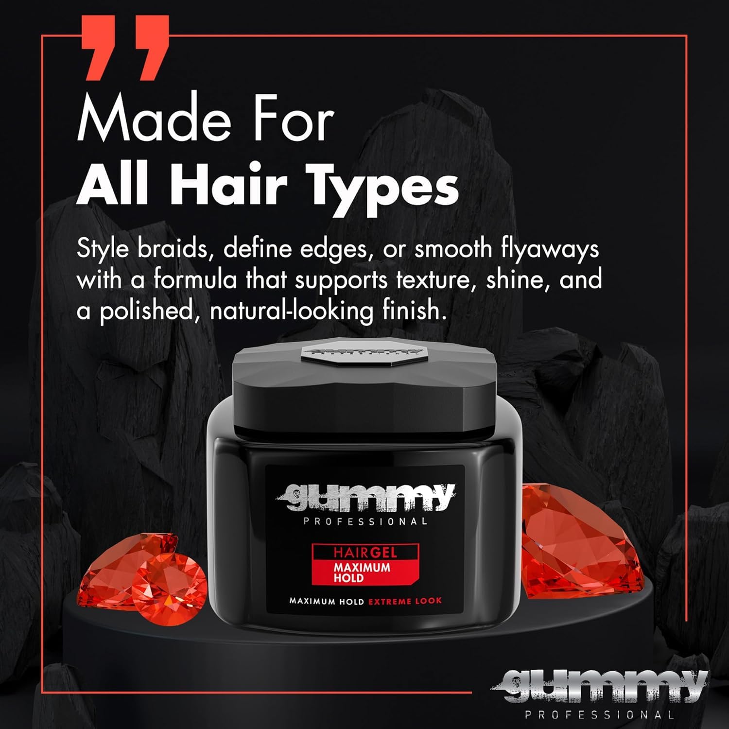 Gummy styled slick-back hairstyle showing long-lasting hold and shine