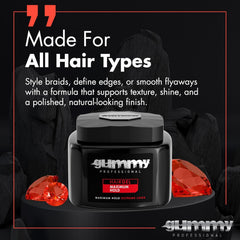 Gummy styled slick-back hairstyle showing long-lasting hold and shine