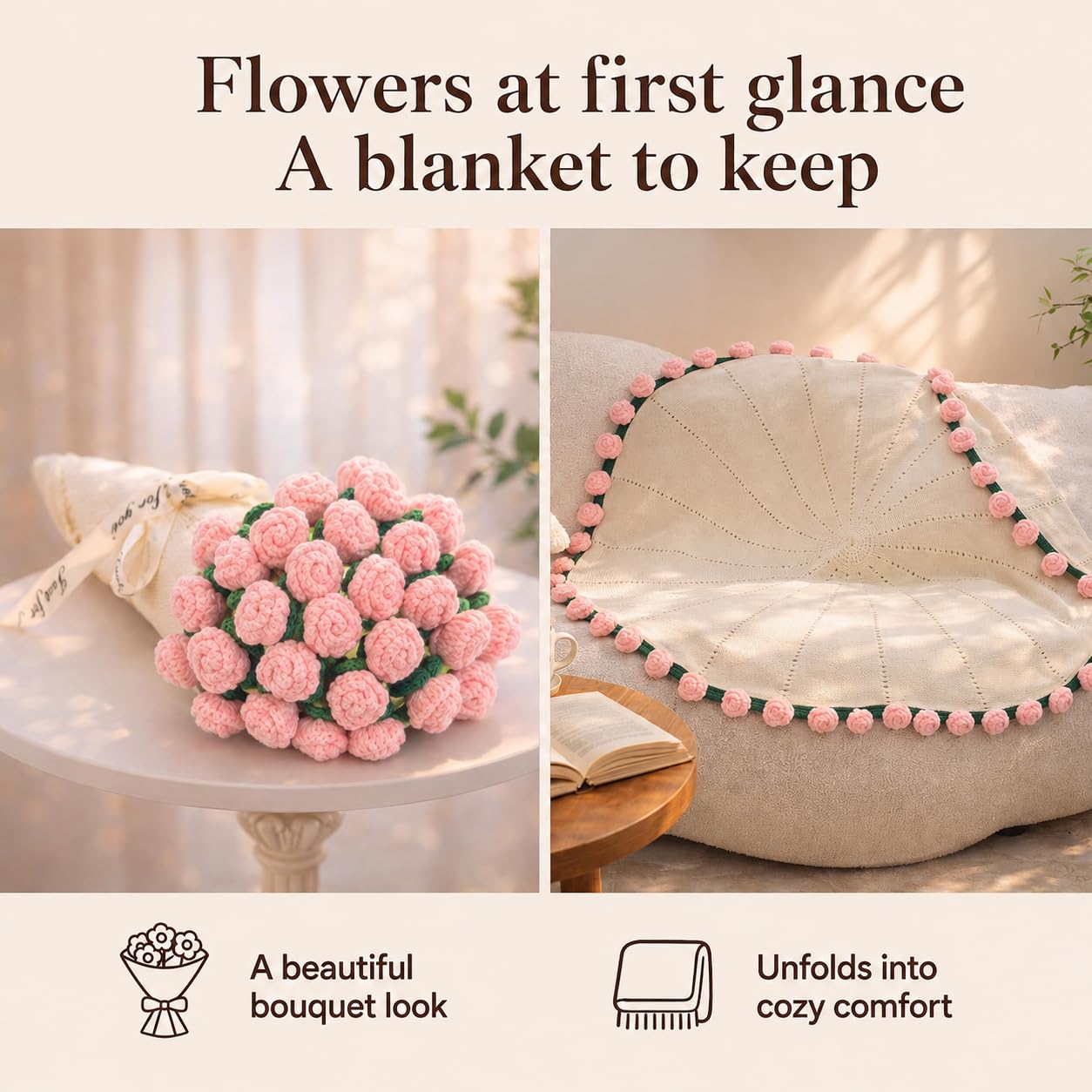 Gumry flower bouquet blanket folded to show bouquet presentation and comfort