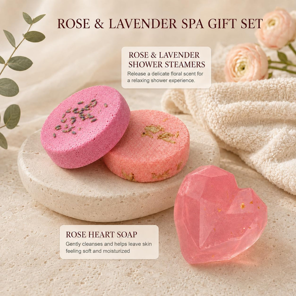 Gumry English Pear & Freesia soy candle with bath bombs creating calming ambiance