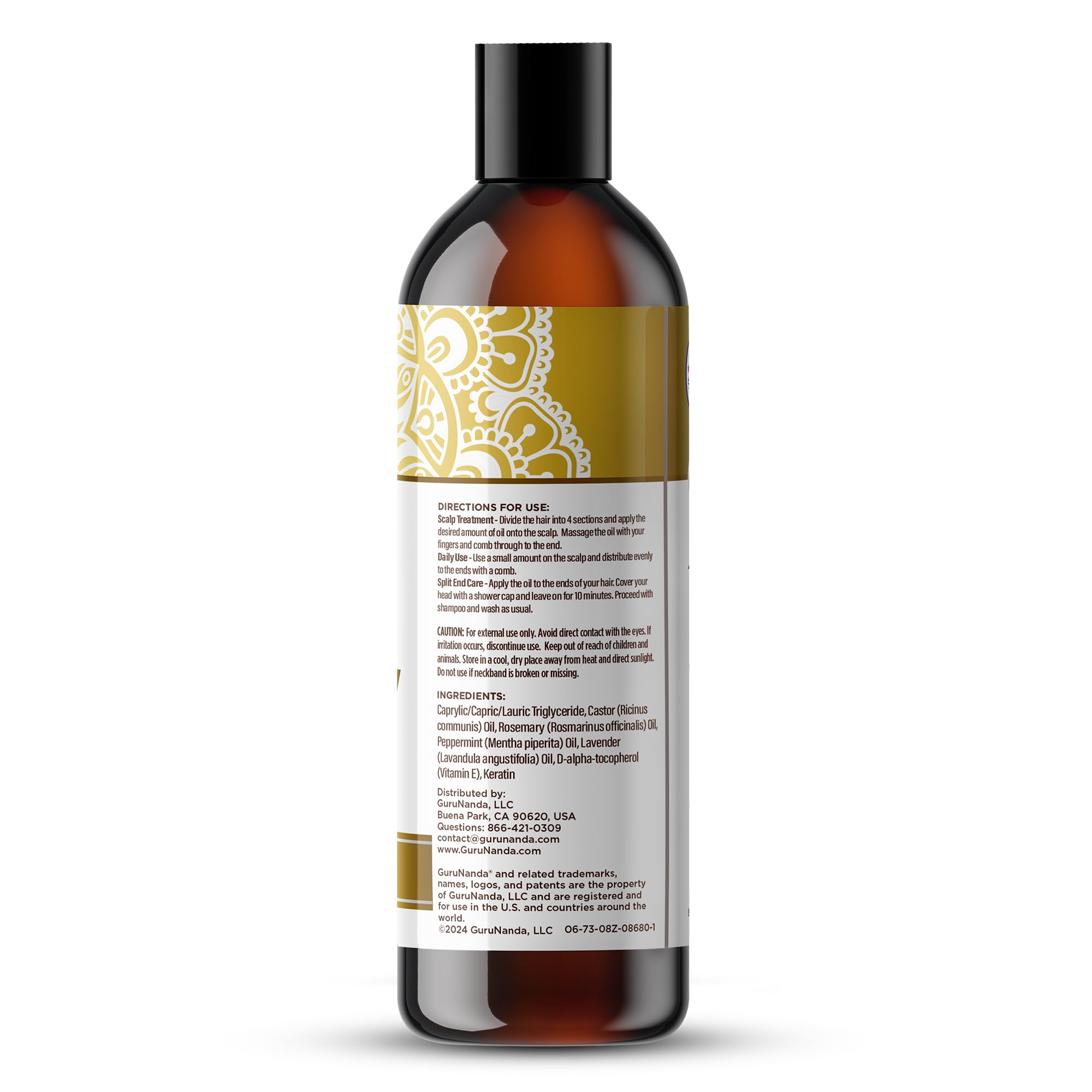 GuruNanda bottle on bathroom shelf styled lifestyle shot conveying salon-quality routine